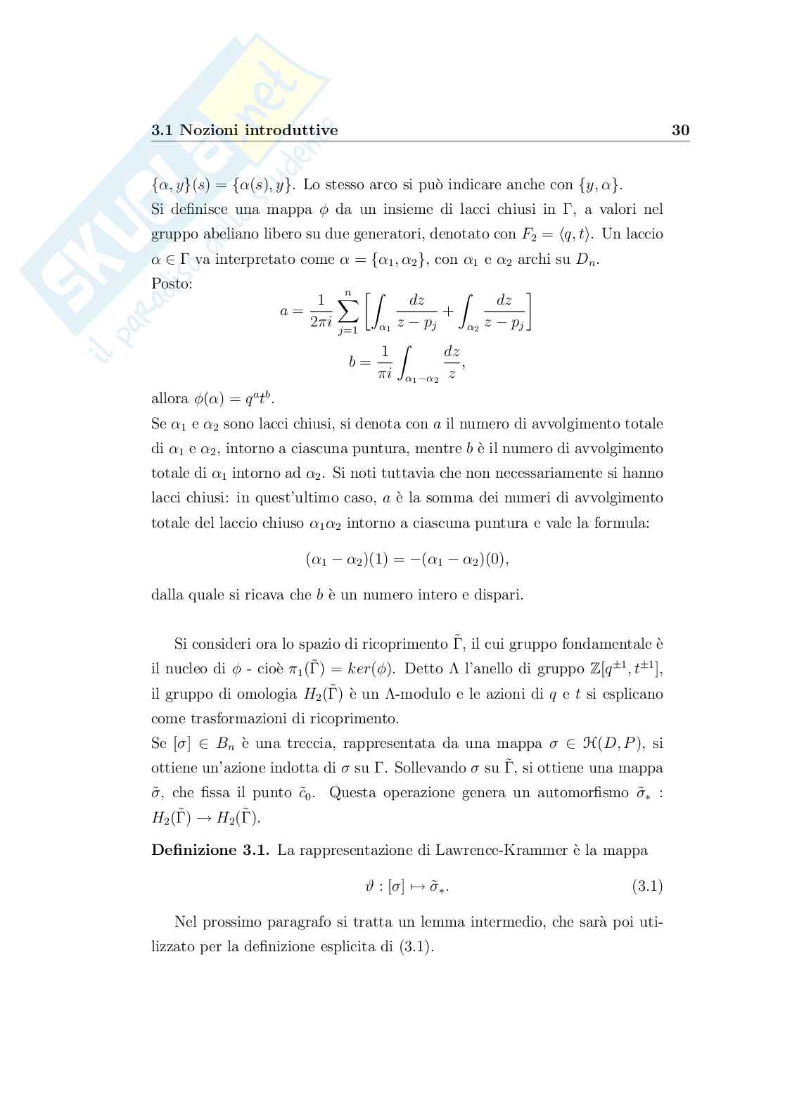 Gruppo delle trecce, sue rappresentazioni e invarianti dei nodi Pag. 31