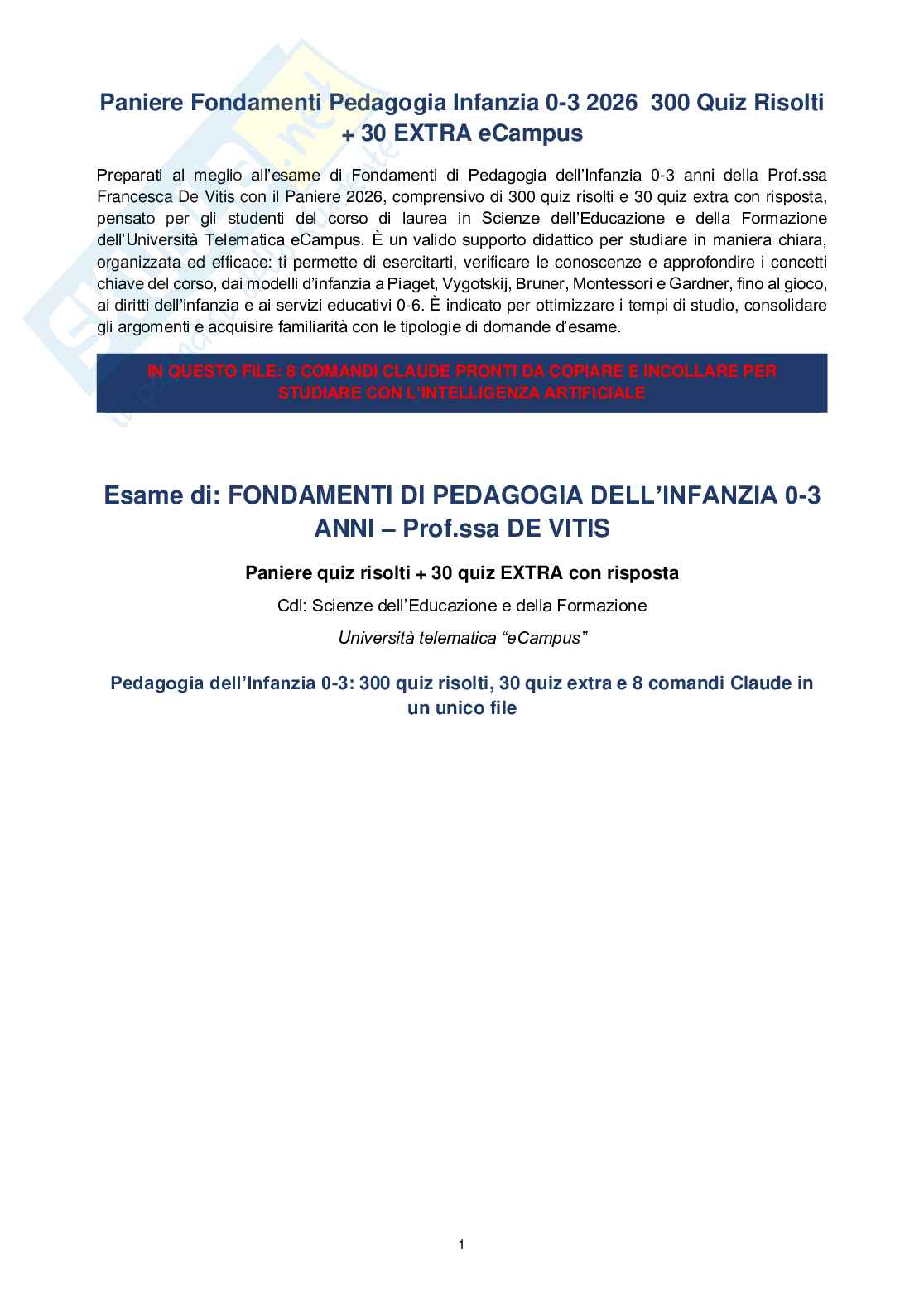 Paniere Fondamenti pedagogici per l'infanzia 0-3 anni, 2026  Pag. 1