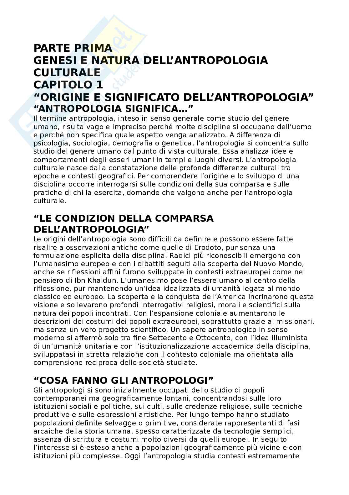 Riassunto esame Antropologia sociale e della famiglia, Prof. Parisi Rosa, libro consigliato Elementi di antropologia culturale, Fabietti Pag. 1