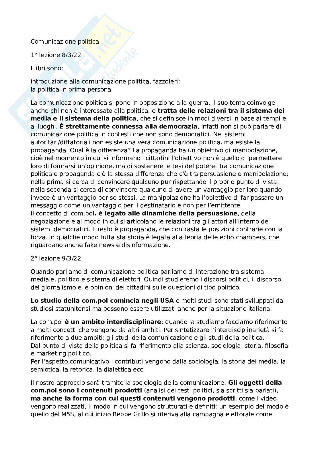 Appunti lezioni di Comunicazione politica  Pag. 1