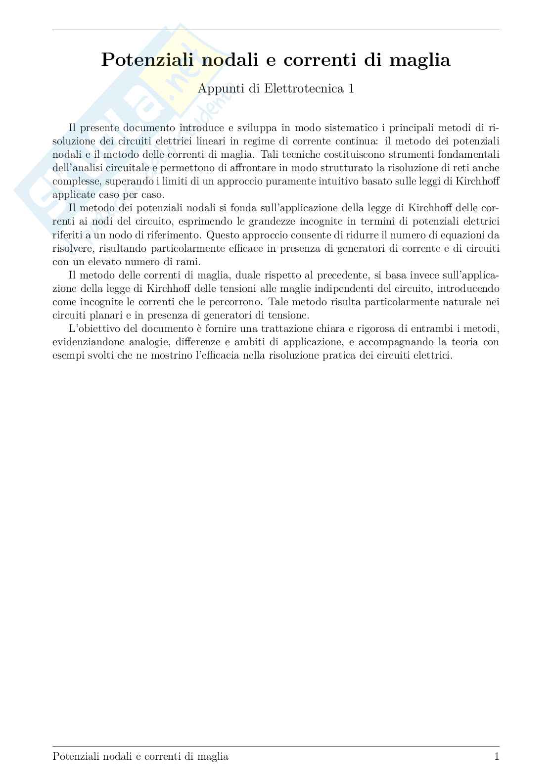 Potenziali nodali e correnti di maglia: teoria ed esercizi svolti Pag. 1