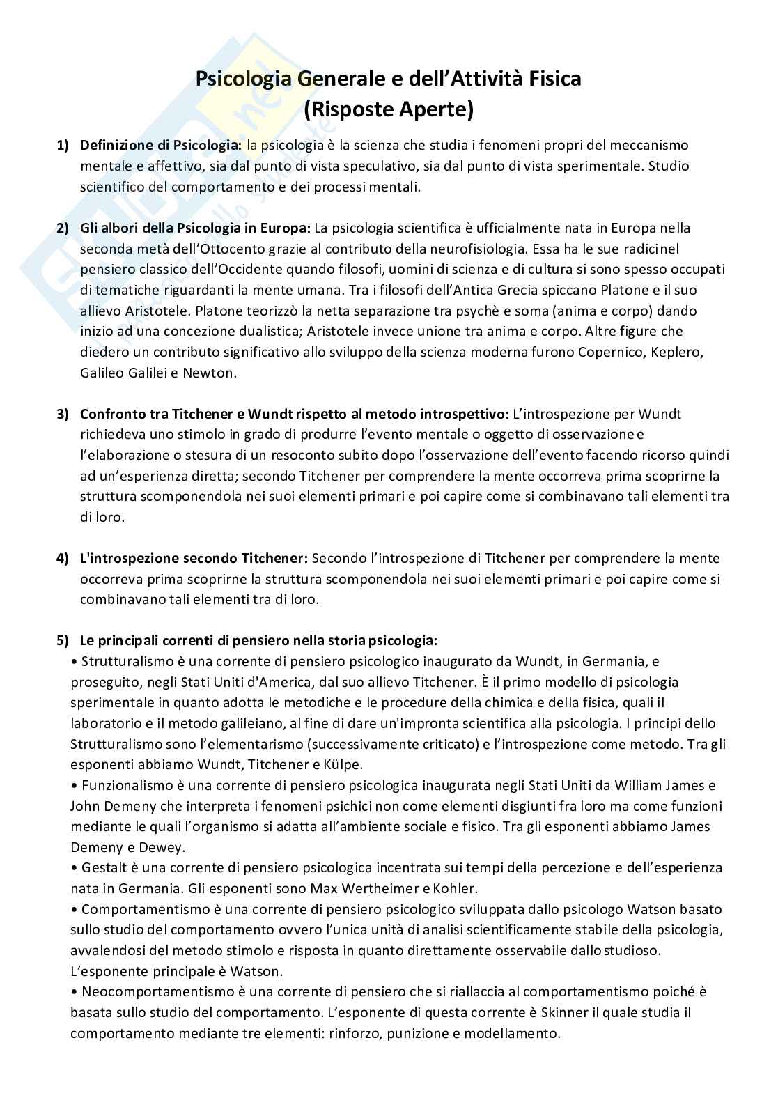 Set Domande Paniere Risposte Aperte Psicologia Generale e dell'Attività Fisica Pag. 1