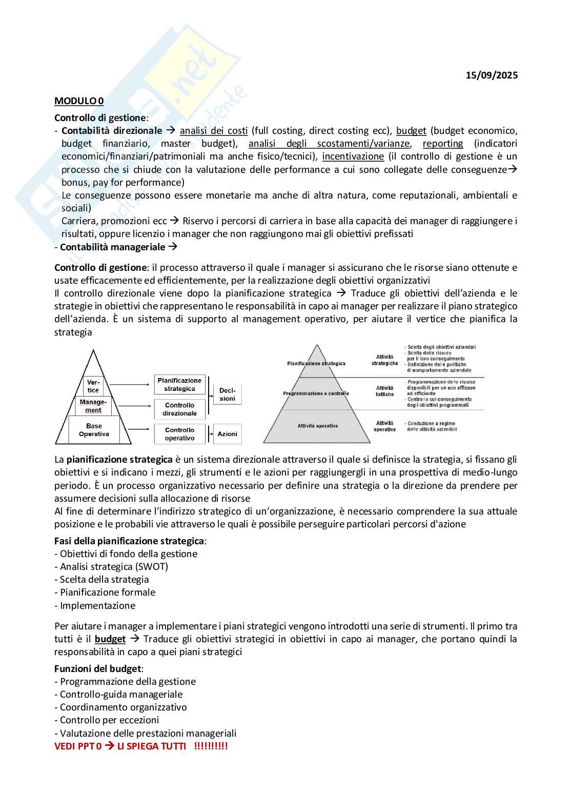 Appunti di Controllo direzionale e valutazione delle performance - Modulo 1 Pag. 1