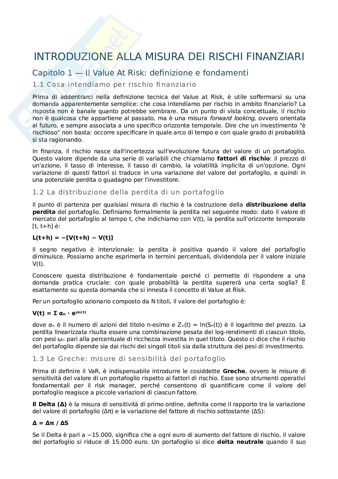 Introduzione alla misura dei rischi finanziari Pag. 1