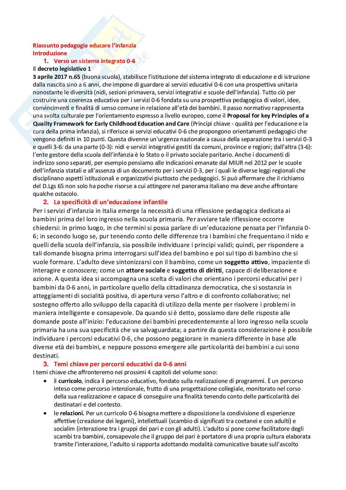 Riassunto esame Pedagogia generale , Prof. Tomarchio Maria, libro consigliato Educare l'infanzia, Bondioli, Savio Pag. 1