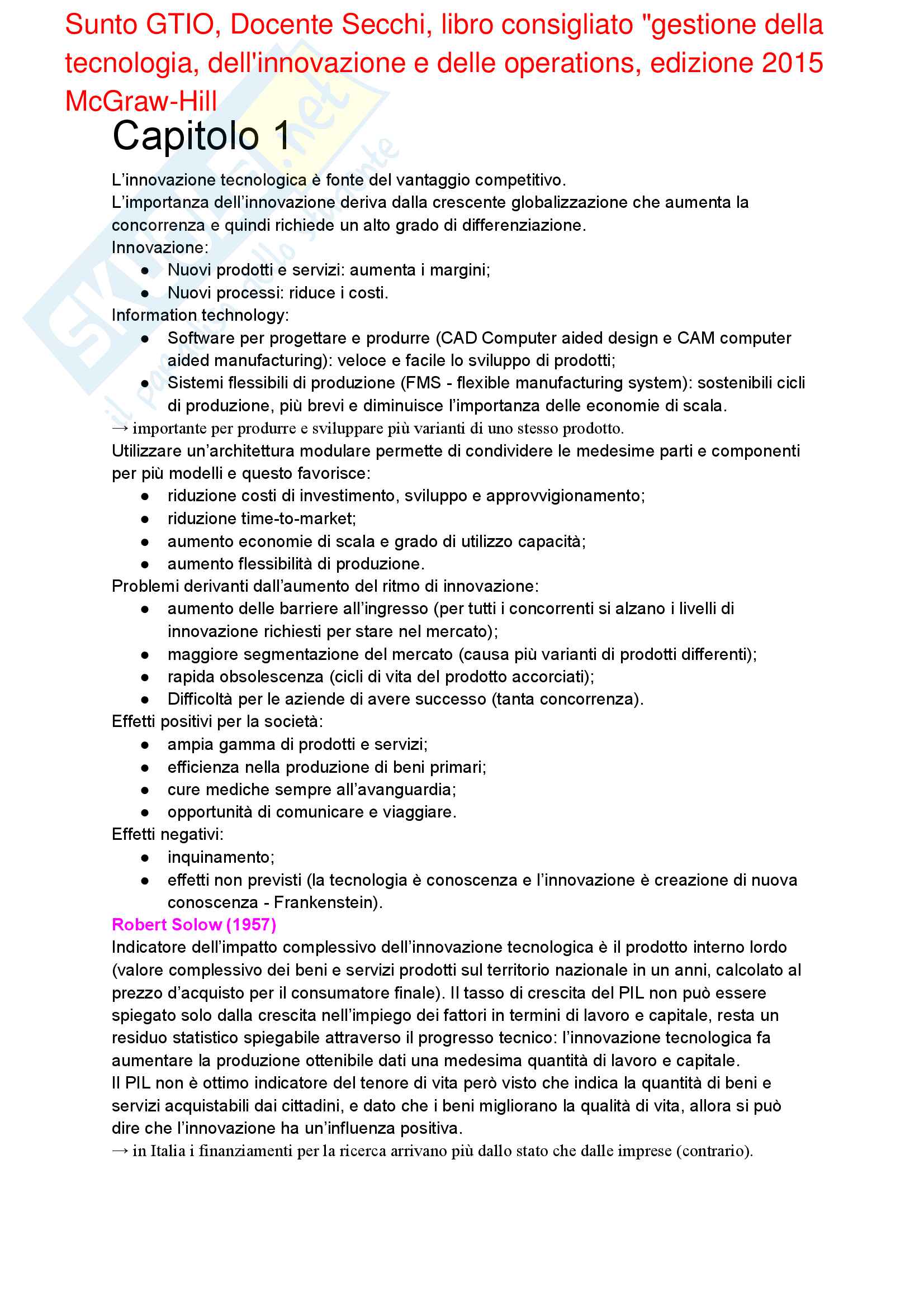 Riassunto esame Gestione, Docente Secchi, libro consigliato Gestione della tecnologia dell'innovazione e delle operations, edizione 2015, McGraw Hill Pag. 1