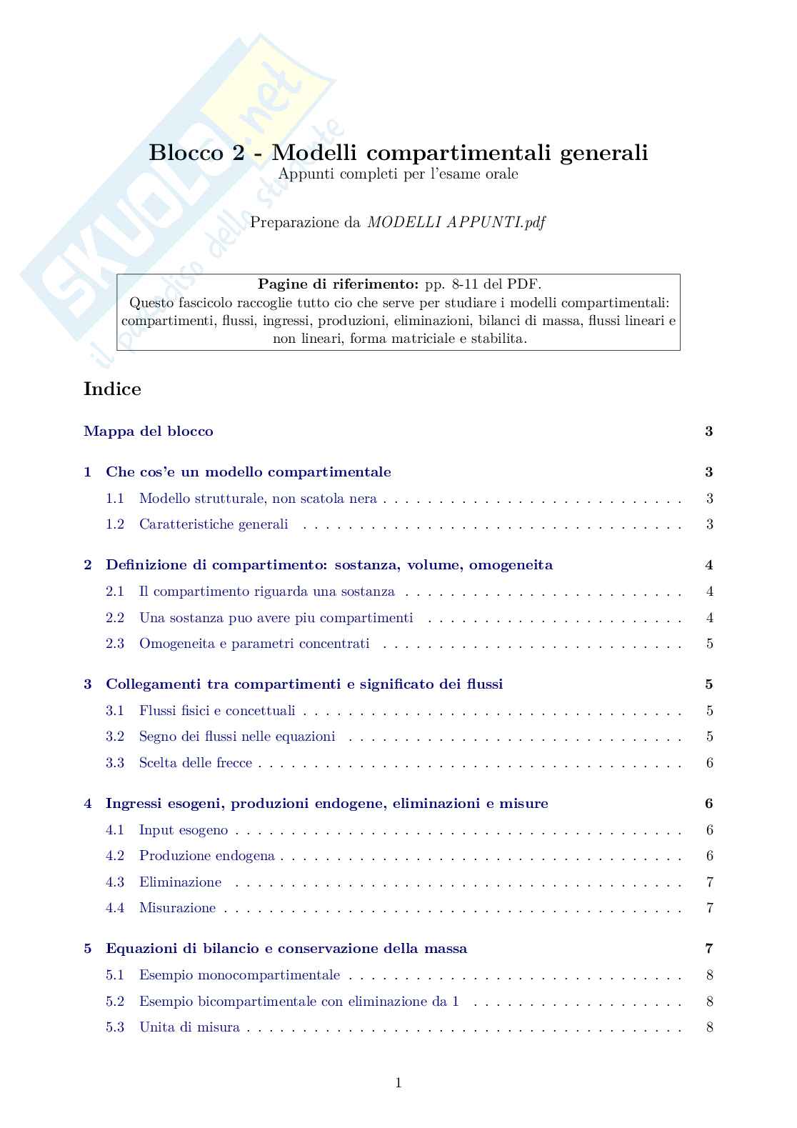 Blocco 2 di Modelli di sistemi biologici - Modelli compartimentali Pag. 1