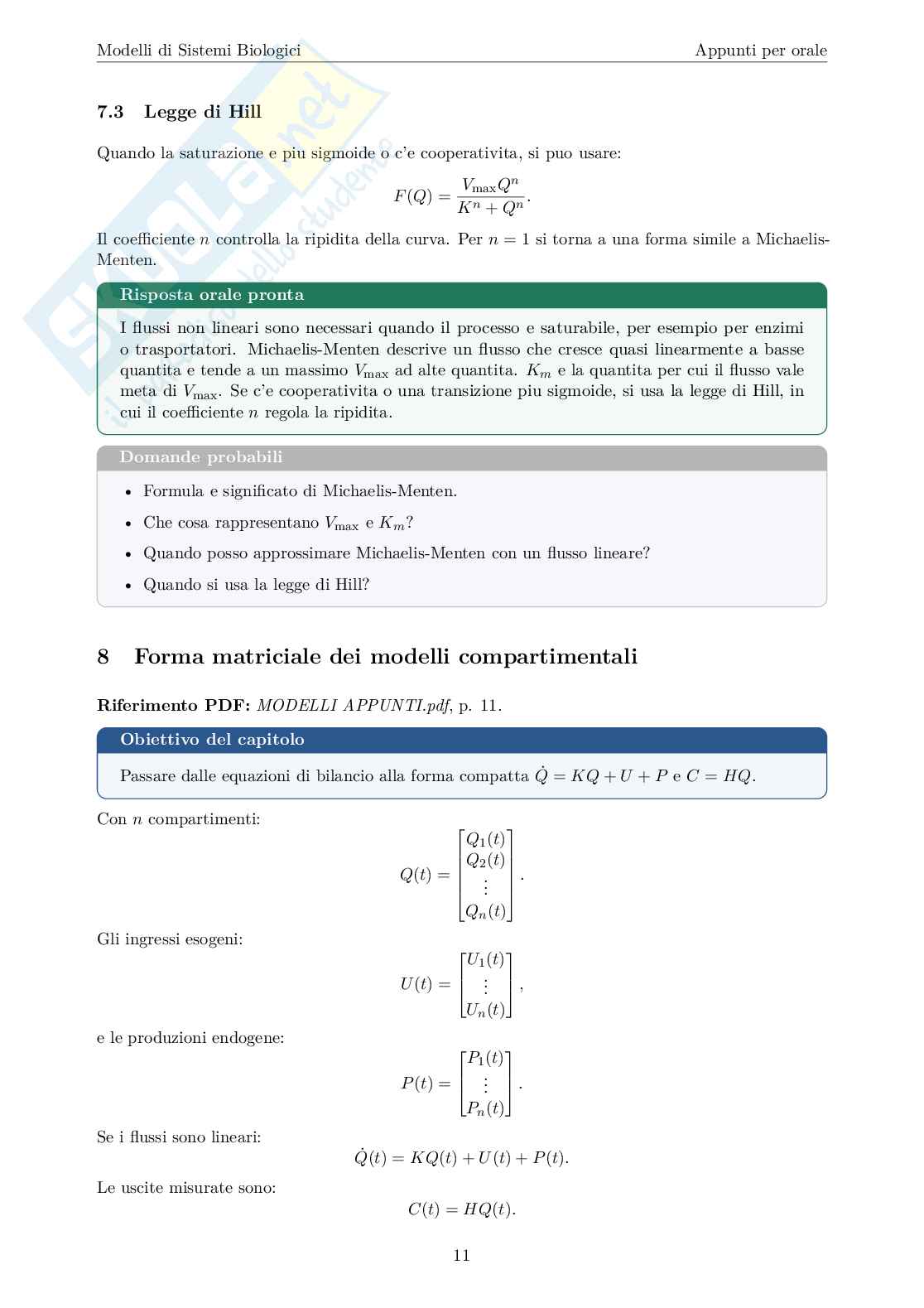 Blocco 2 di Modelli di sistemi biologici - Modelli compartimentali Pag. 11