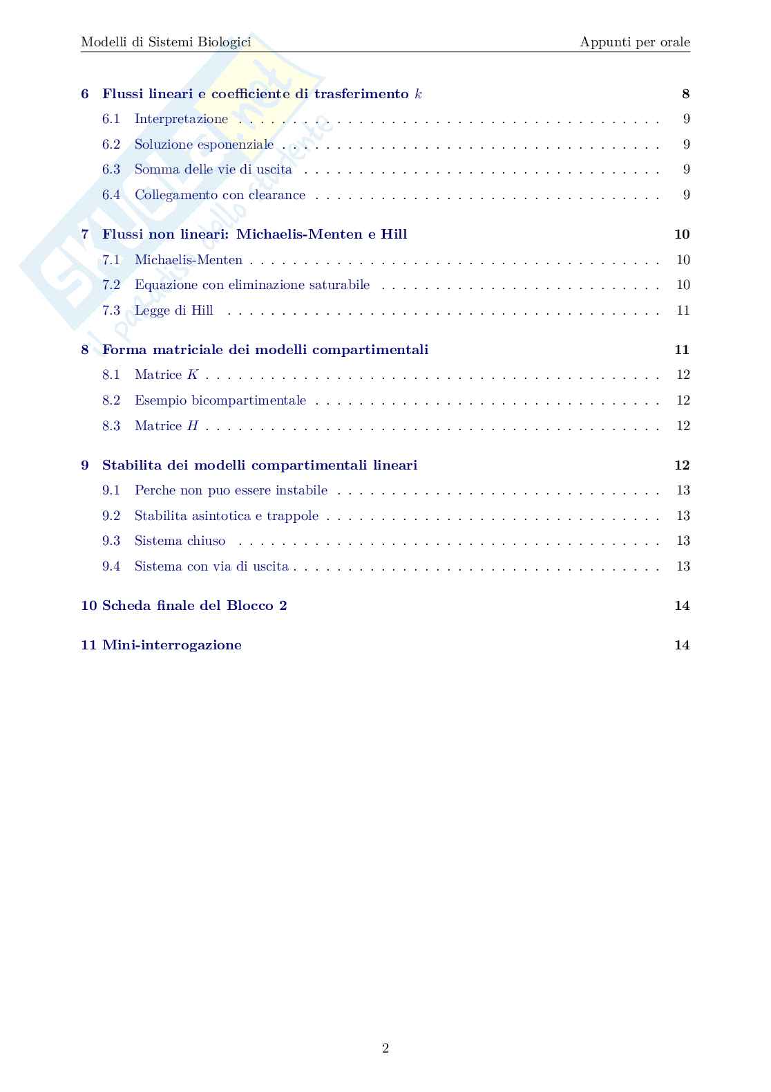 Blocco 2 di Modelli di sistemi biologici - Modelli compartimentali Pag. 2