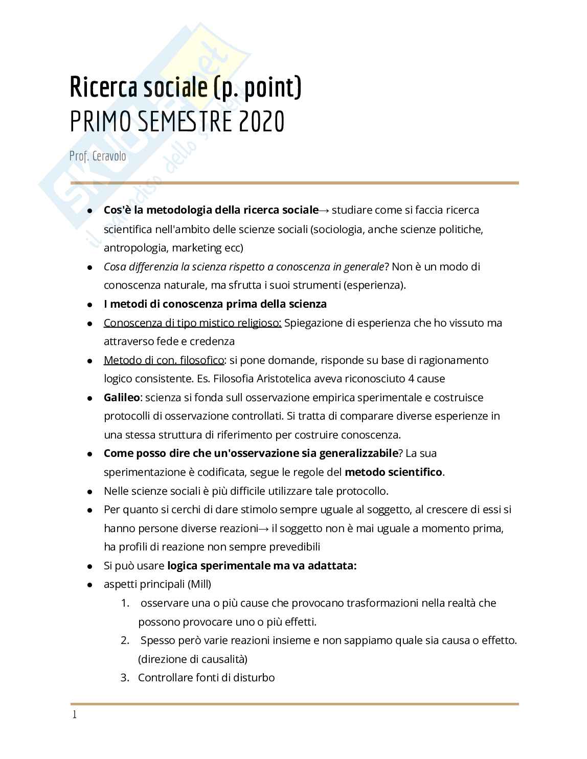Appunti delle tematiche di Sociologia e ricerca sociale  Pag. 1