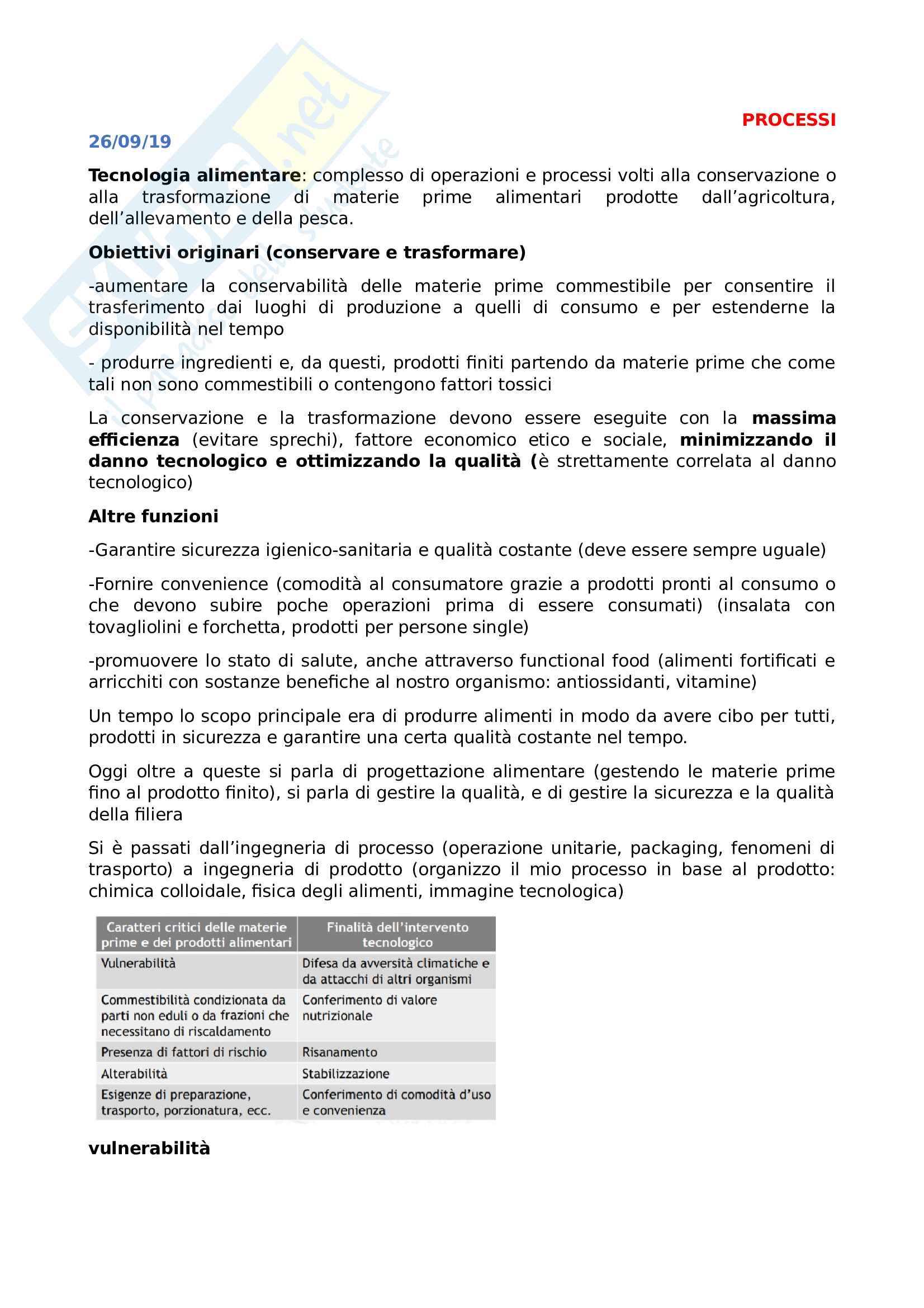 Appunti processi della tecnologia alimentare con elementi di packaging - Primo e secondo parziale Pag. 1