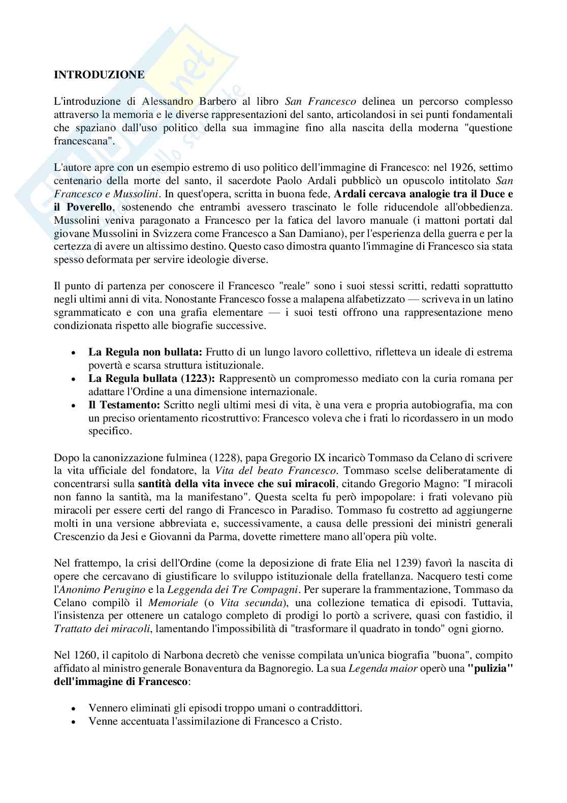 Riassunto esame Religione, società e culture nel medioevo, Prof. Michetti Raimondo, libro consigliato San Francesco, Barbero Pag. 1