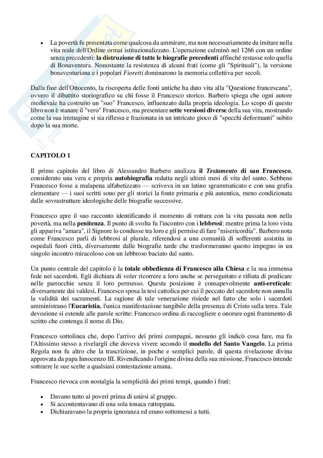 Riassunto esame Religione, società e culture nel medioevo, Prof. Michetti Raimondo, libro consigliato San Francesco, Barbero Pag. 2