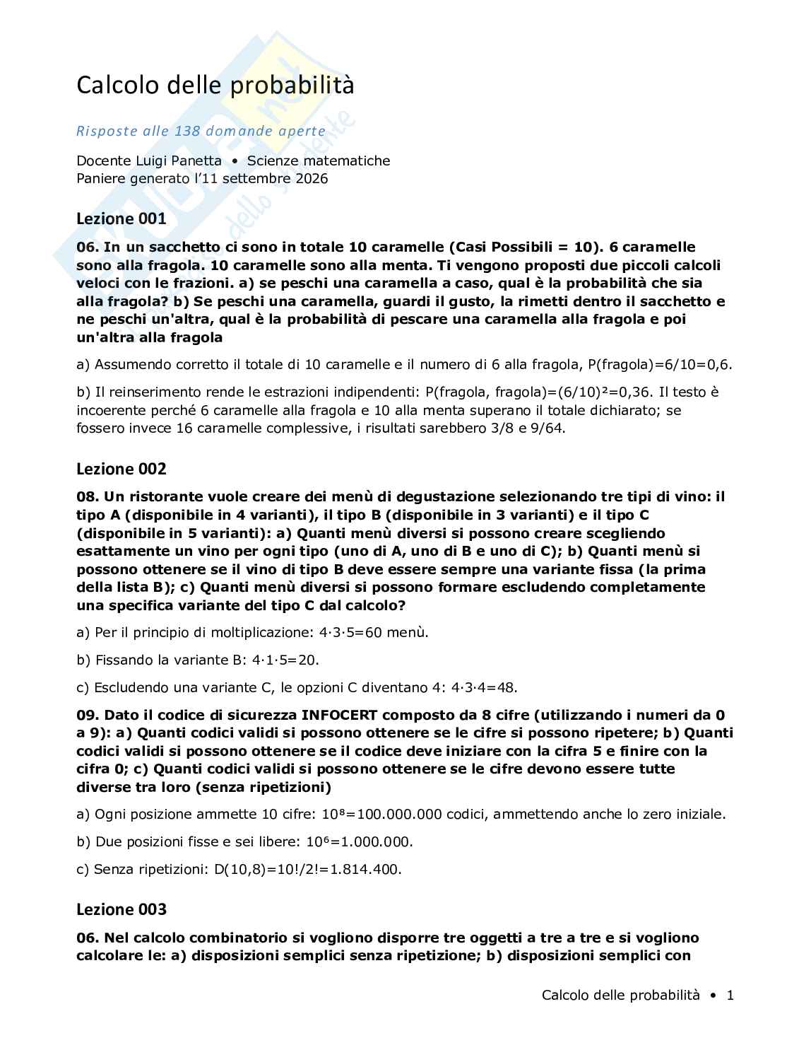 Risposte aperte Calcolo delle probabilità, 2026 Pag. 1