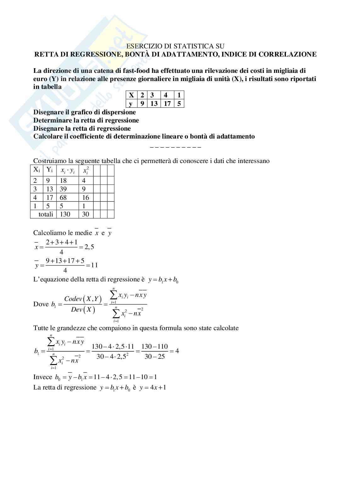 Esercizio di statistica su retta di regressione e bontà  di adattamento Pag. 1