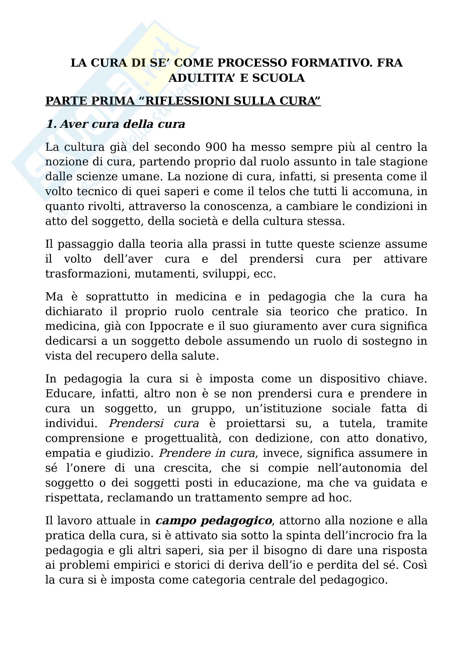 Riassunto esame pedagogia, prof. Mannese, libro consigliato La cura di sé come processo educativo e formativo, Cambi Pag. 1