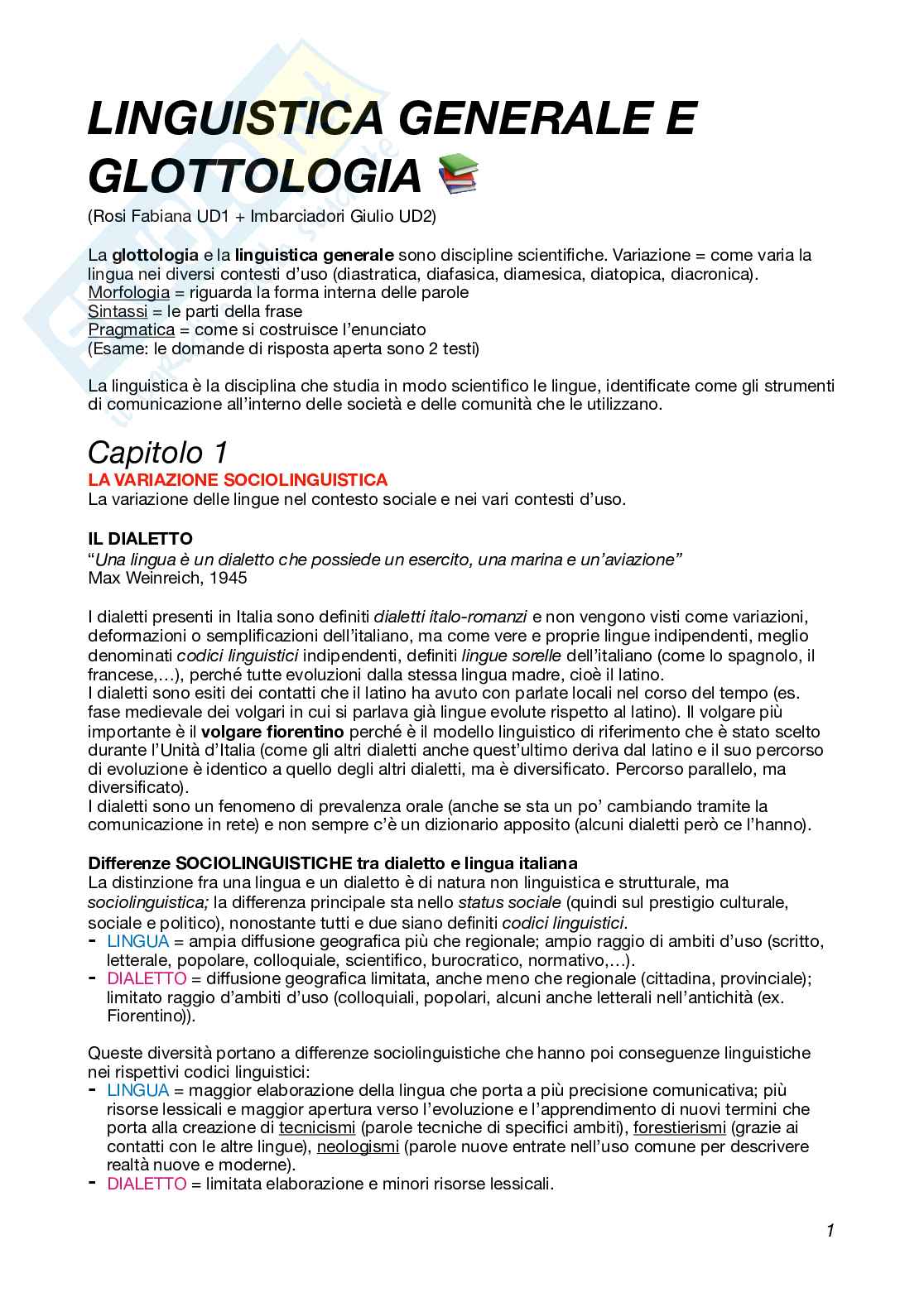 Linguistica generale e glottologia Pag. 1