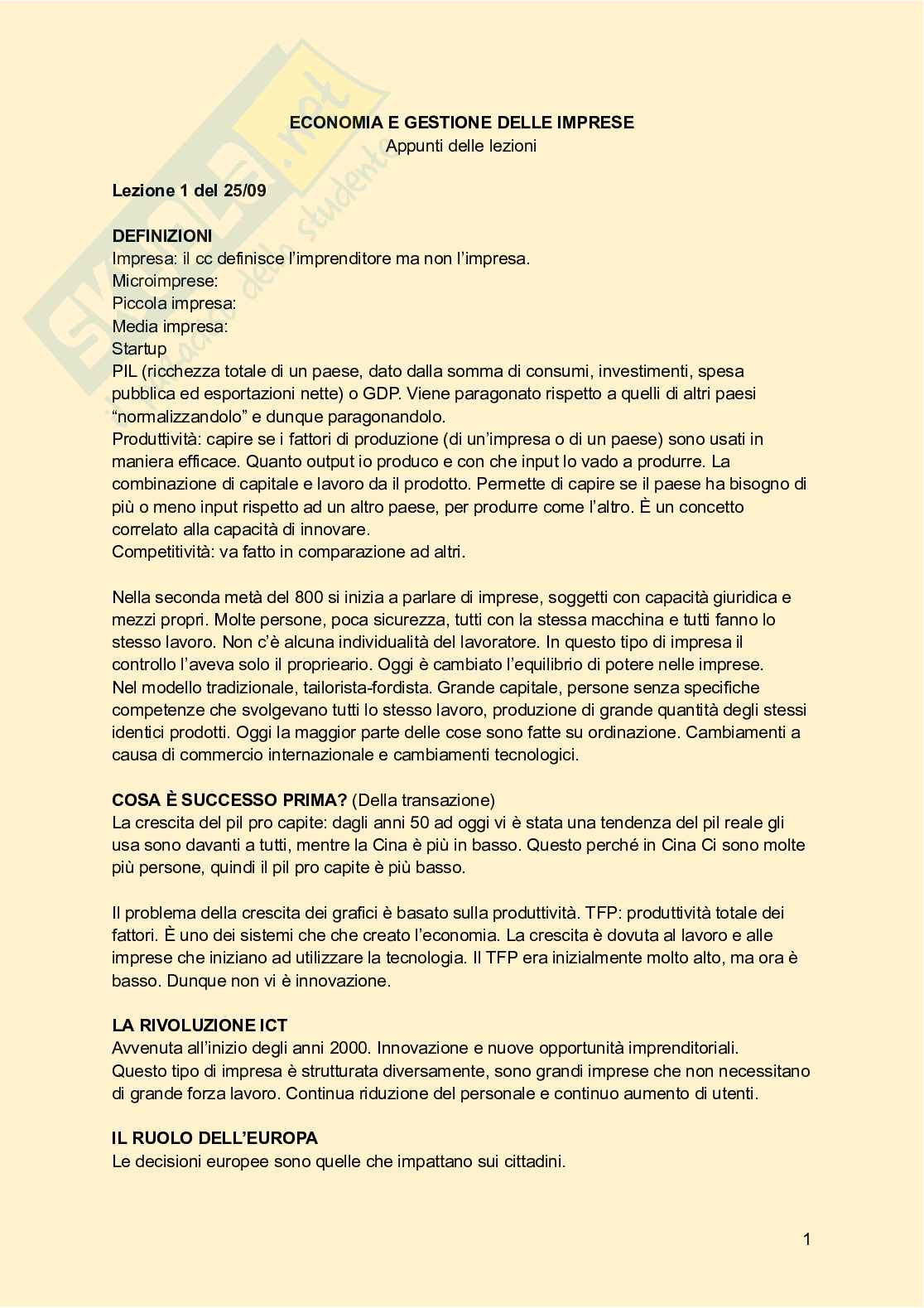 Appunti delle lezioni di Economia e gestione delle imprese Pag. 1