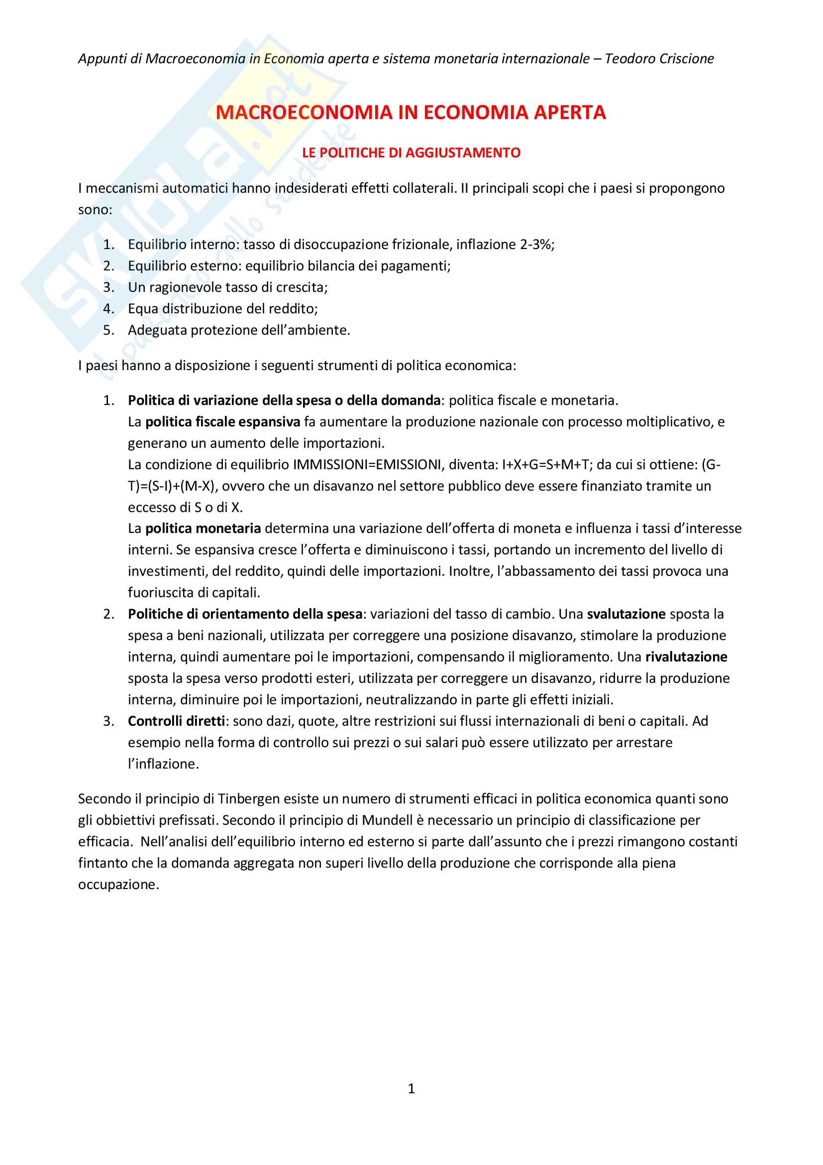 Riassunto esame Economia internazionale, prof. Cifarelli, libro consigliato Economia internazionale, Salvatore Dominick (2 di 2) Pag. 1