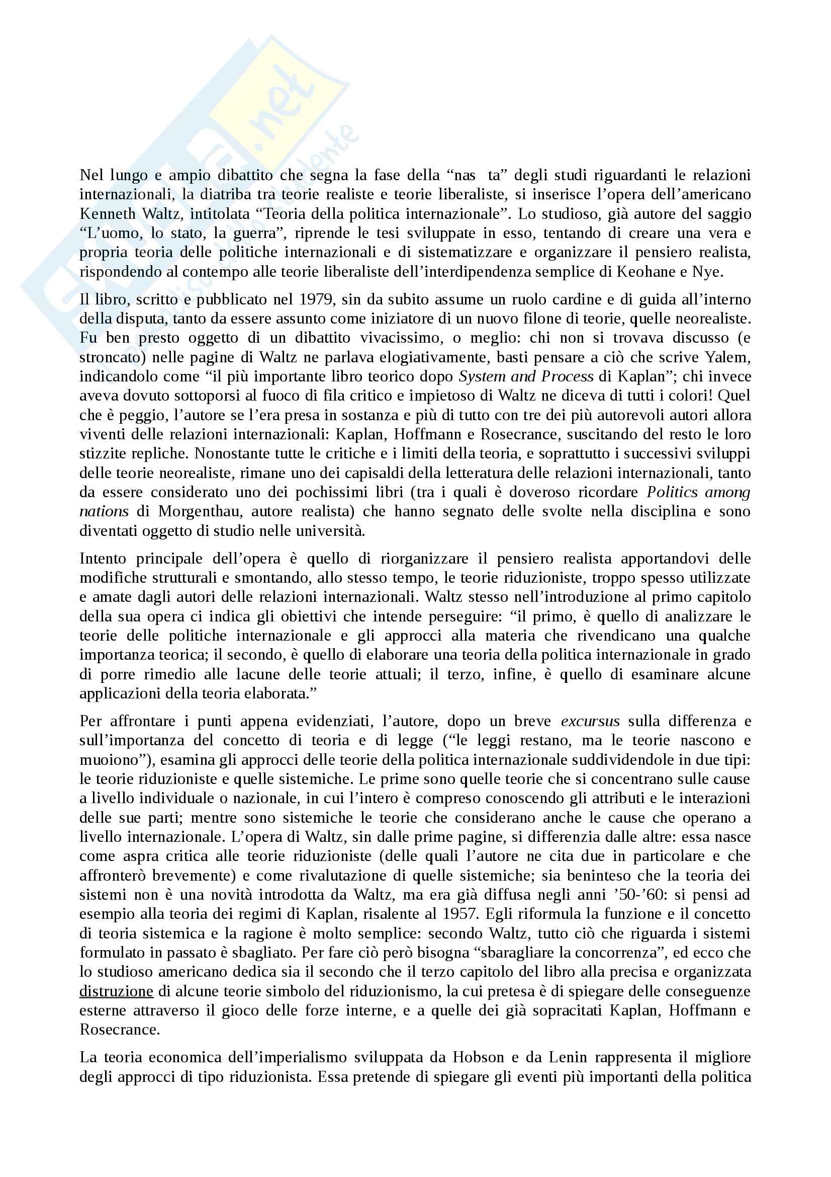 Riassunto esame Relazioni, prof. Poletti, libro consigliato Teoria della politica internazionale, Waltz Pag. 1