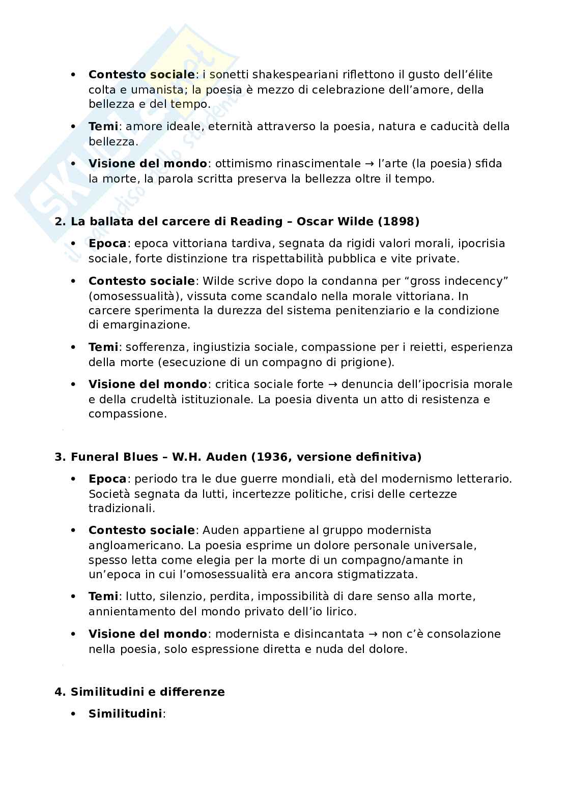 Riassunto esame Letteratura inglese I, Prof. Ambrosini Richard, libro consigliato Sonetto 18, Ballata di Reading e Funeral Blues, confronto, Shakespeare, Wilde e Auden Pag. 2