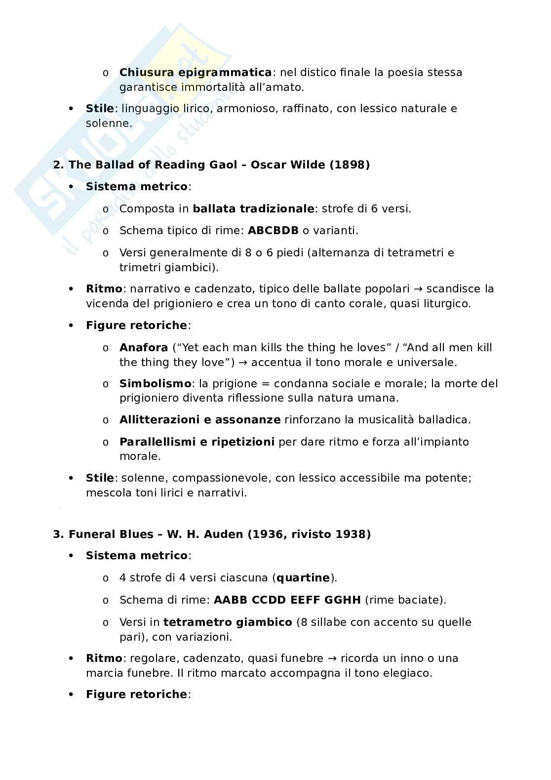 Riassunto esame Letteratura inglese I, Prof. Ambrosini Richard, libro consigliato Sonetto 18, Ballata di Reading e Funeral Blues, confronto, Shakespeare, Wilde e Auden Pag. 6