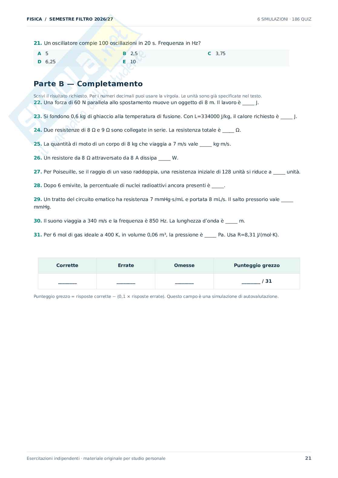 Domande Fisica Semestre filtro Medicina, 2026/27  Pag. 21