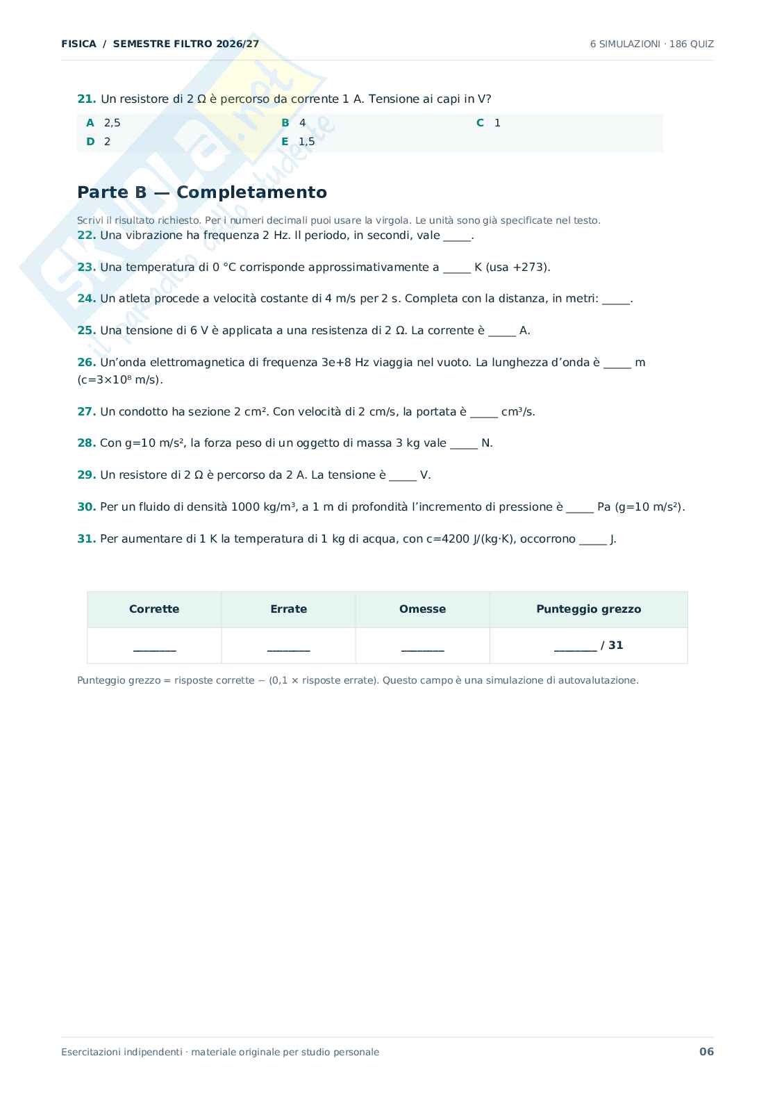 Domande Fisica Semestre filtro Medicina, 2026/27  Pag. 6