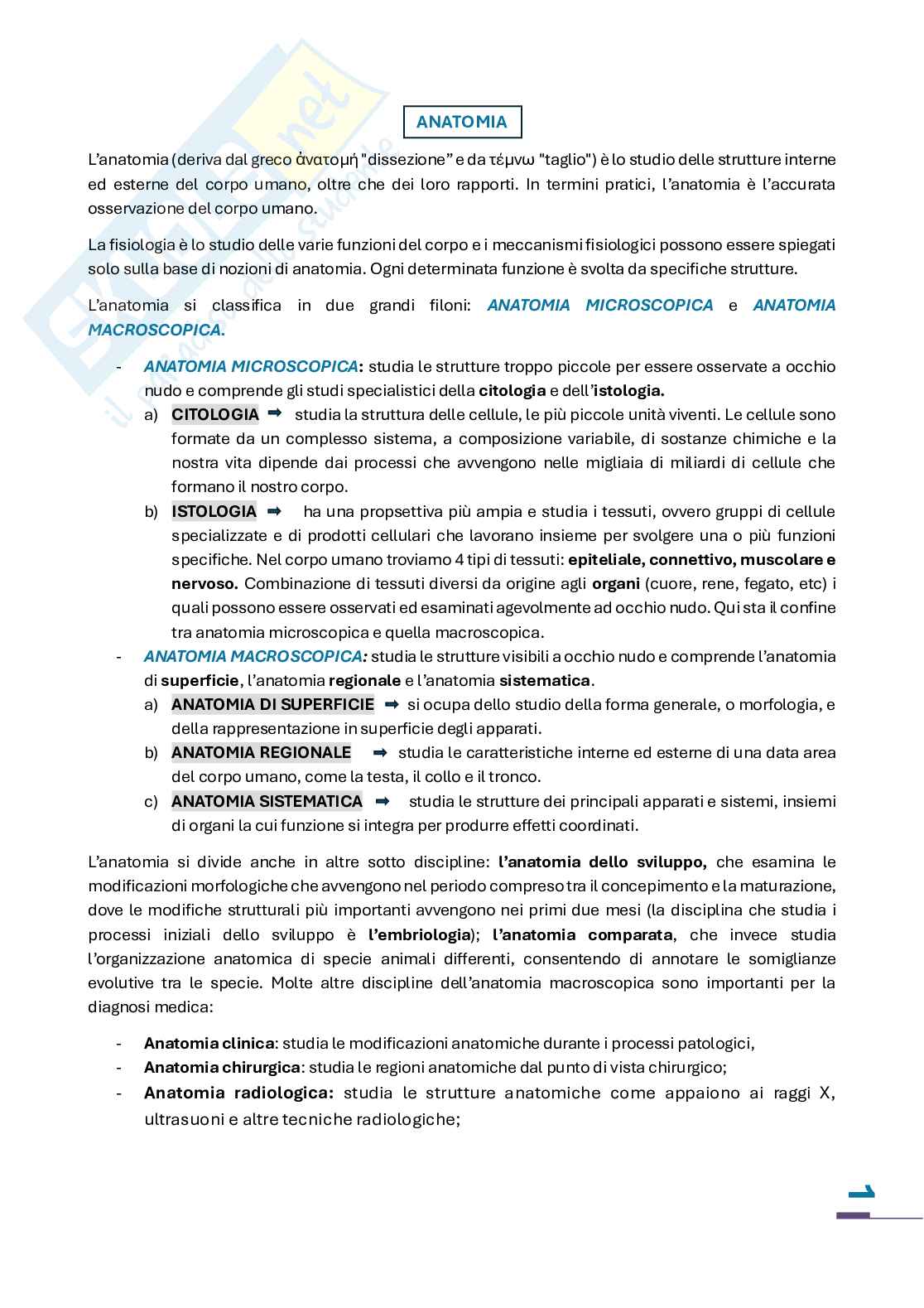 Riassunto esame Anatomia, Prof. Fontanella Lara, libro consigliato Anatomia umana, Martini Pag. 1