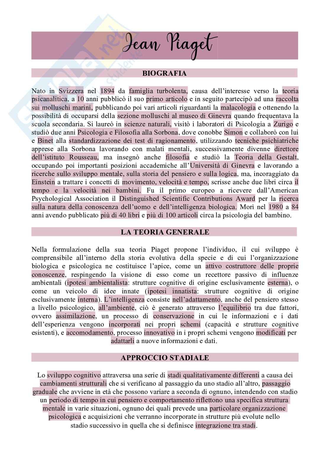 Jean Piaget e l'approccio stadiale Pag. 1