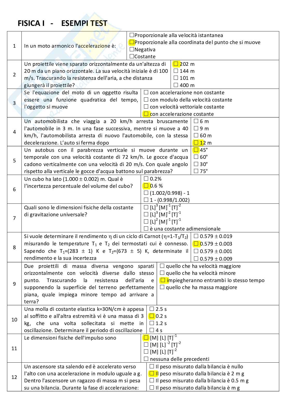Quiz con relative soluzioni Fisica 1 Pag. 1