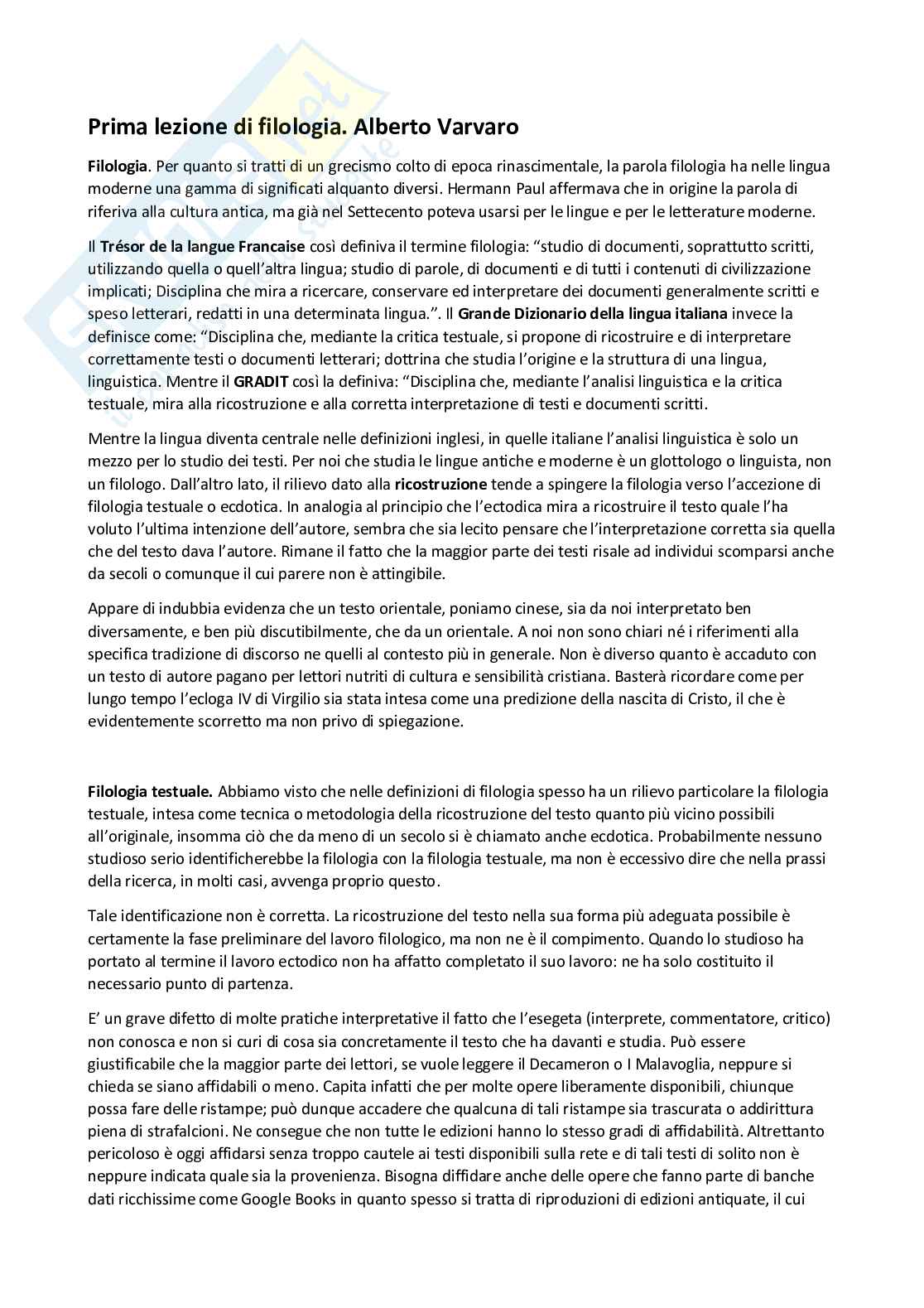 Riassunto esame Filologia, Prof. Lalomia Gaetano, libro consigliato Prima lezione di filologia, Varvaro Pag. 1