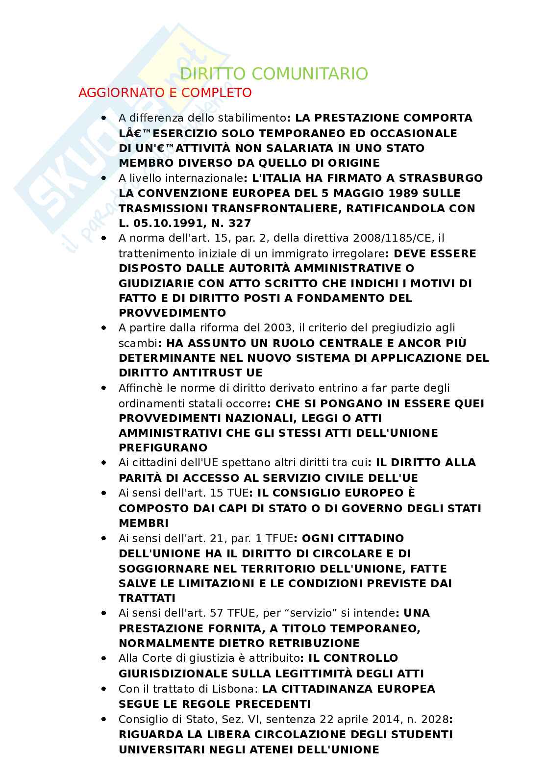 Domande Diritto comunitario. Aggiornato e completo. In ordine Pag. 1