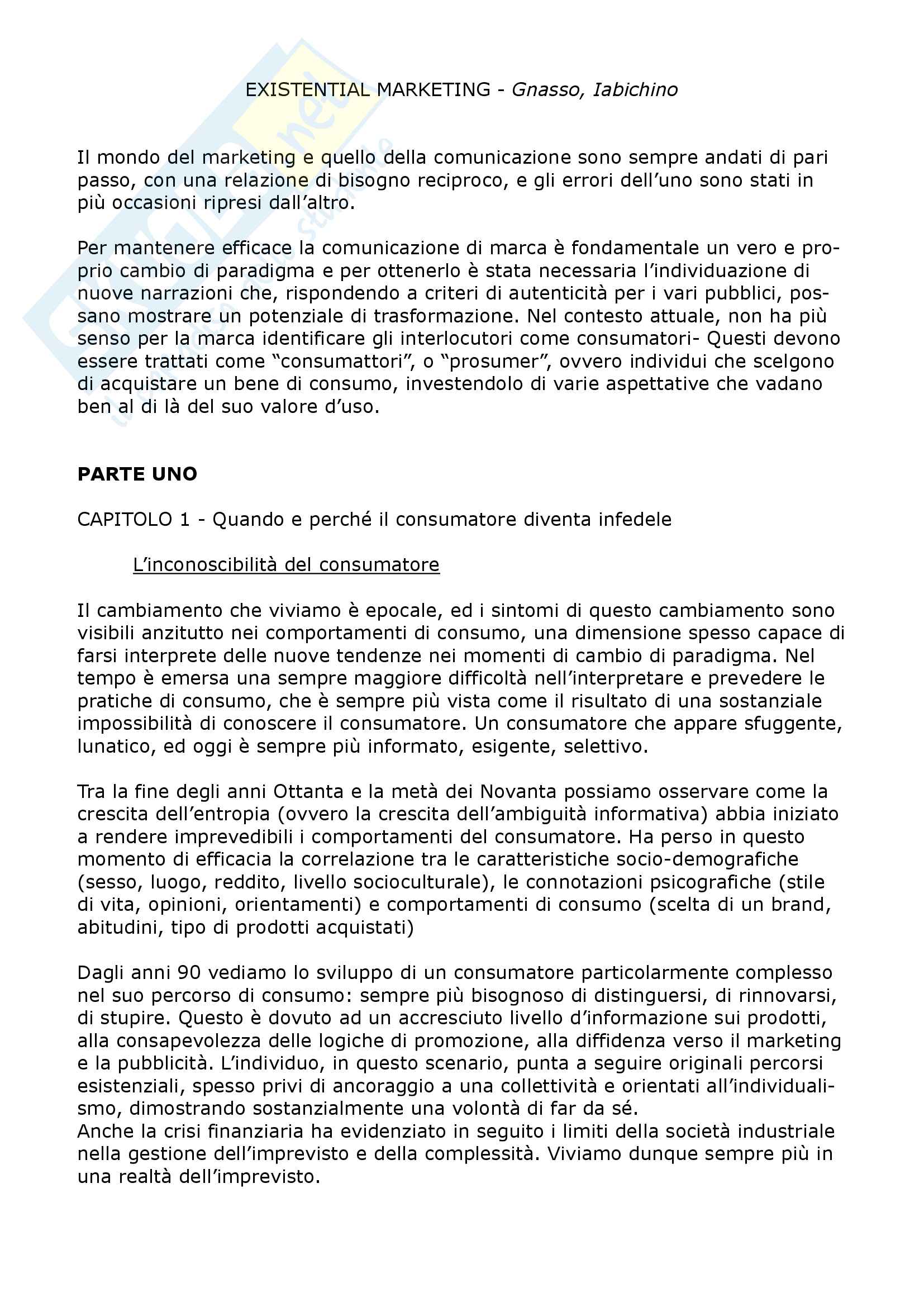Riassunto esame Comunicazione pubblicitaria e linguaggi mediali, prof. Boccia Artieri, libro consigliato "Existential Marketing, Gnasso, Iabichino Pag. 1