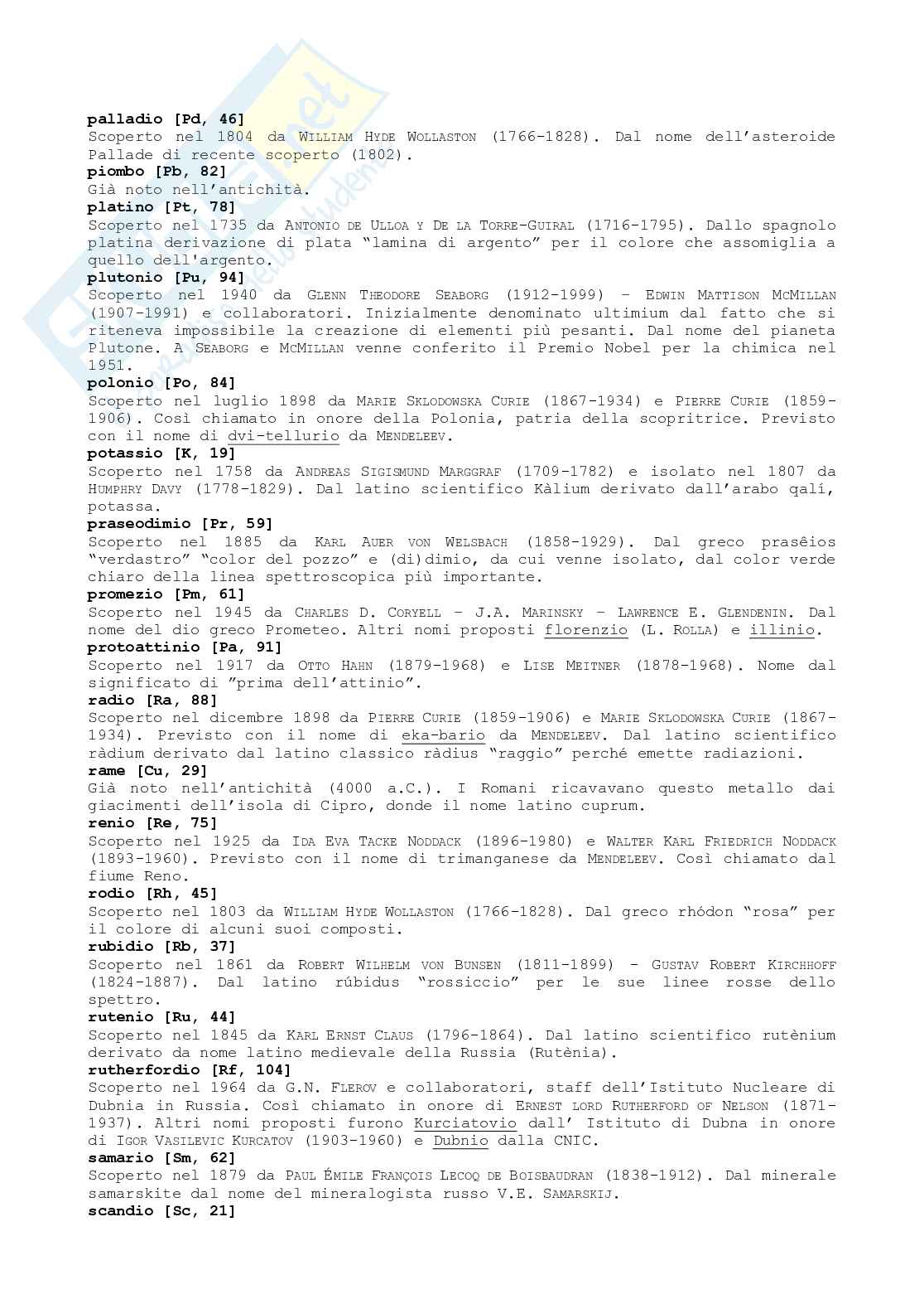 La tavola periodica degli elementi: origine e significato dei nomi Pag. 6