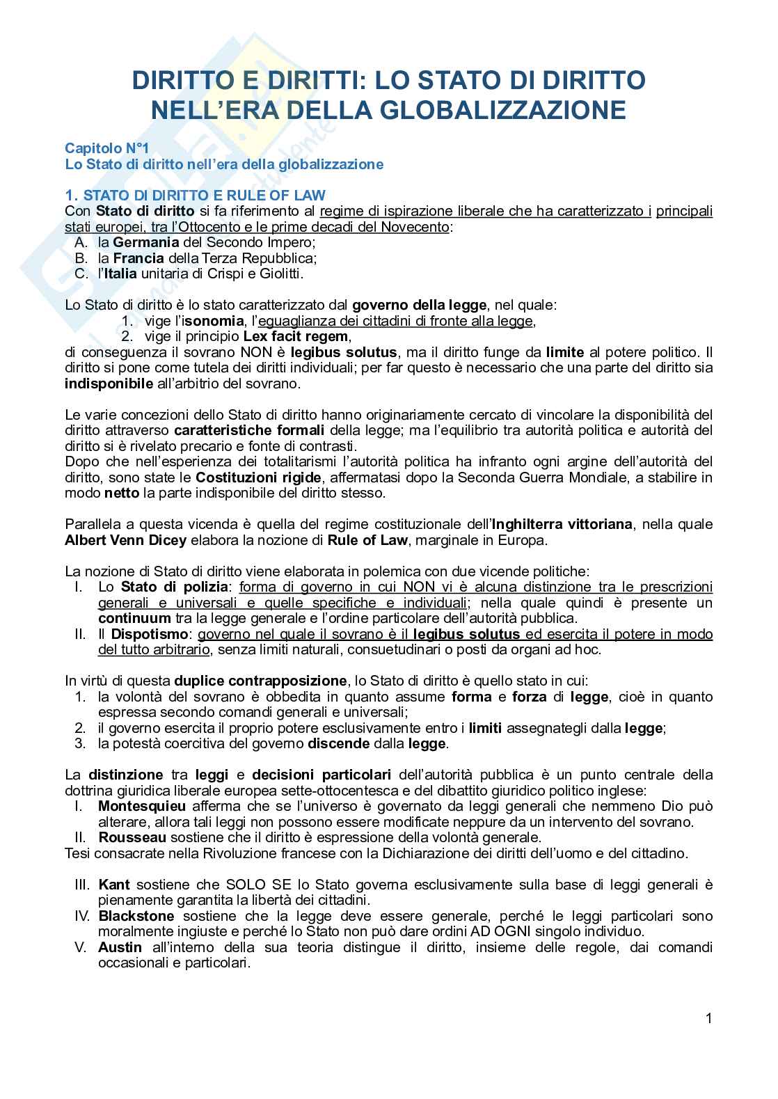 Riassunto esame Filosofia del Diritto, Prof. Re Lucia, libro consigliato Diritto e diritti: lo stato di diritto nell’era della globalizzazione , Santoro Pag. 1