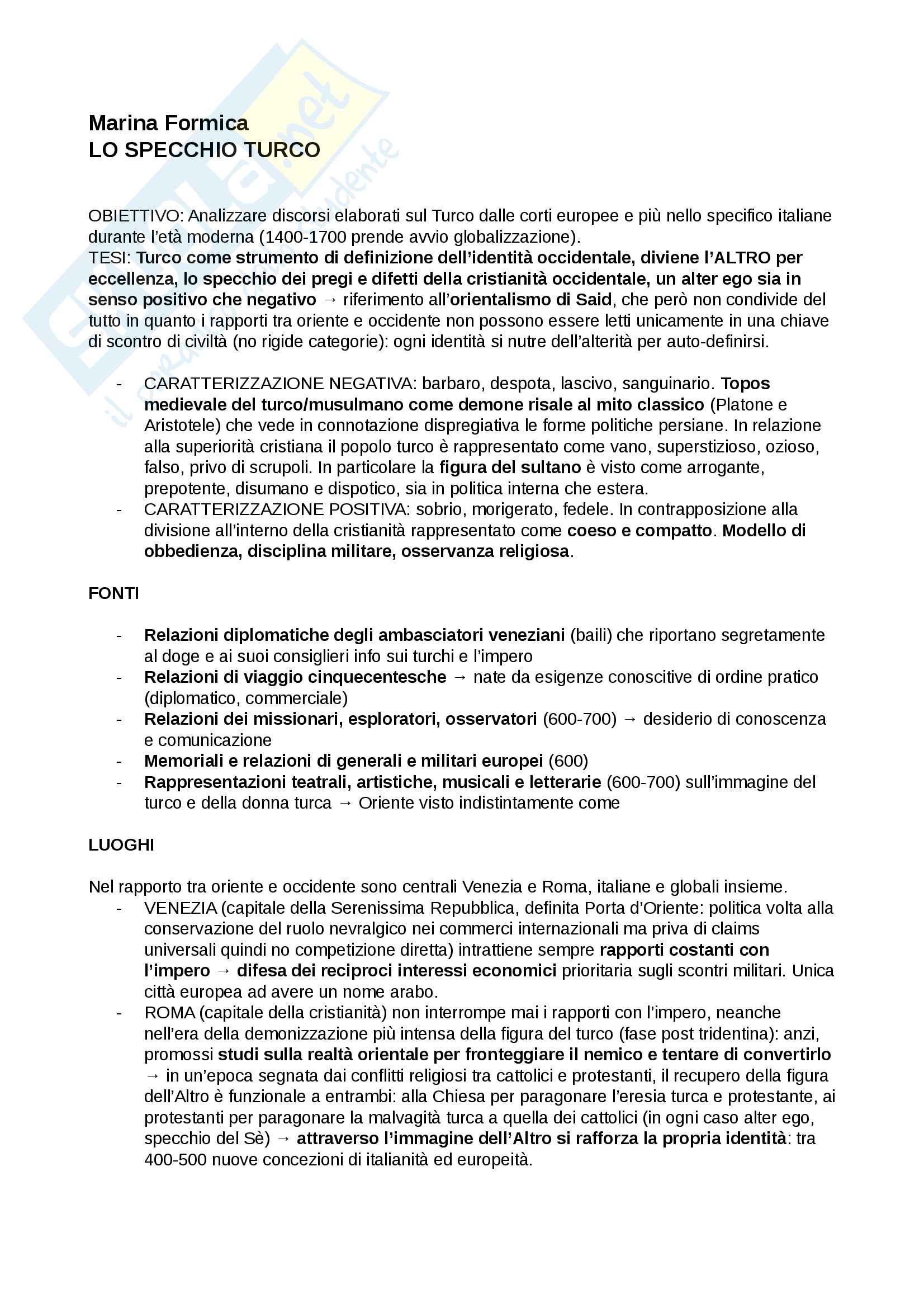 Riassunto esame storia culturale, prof. Negruzzo, libro consigliato Lo specchio turco, Formica Pag. 1
