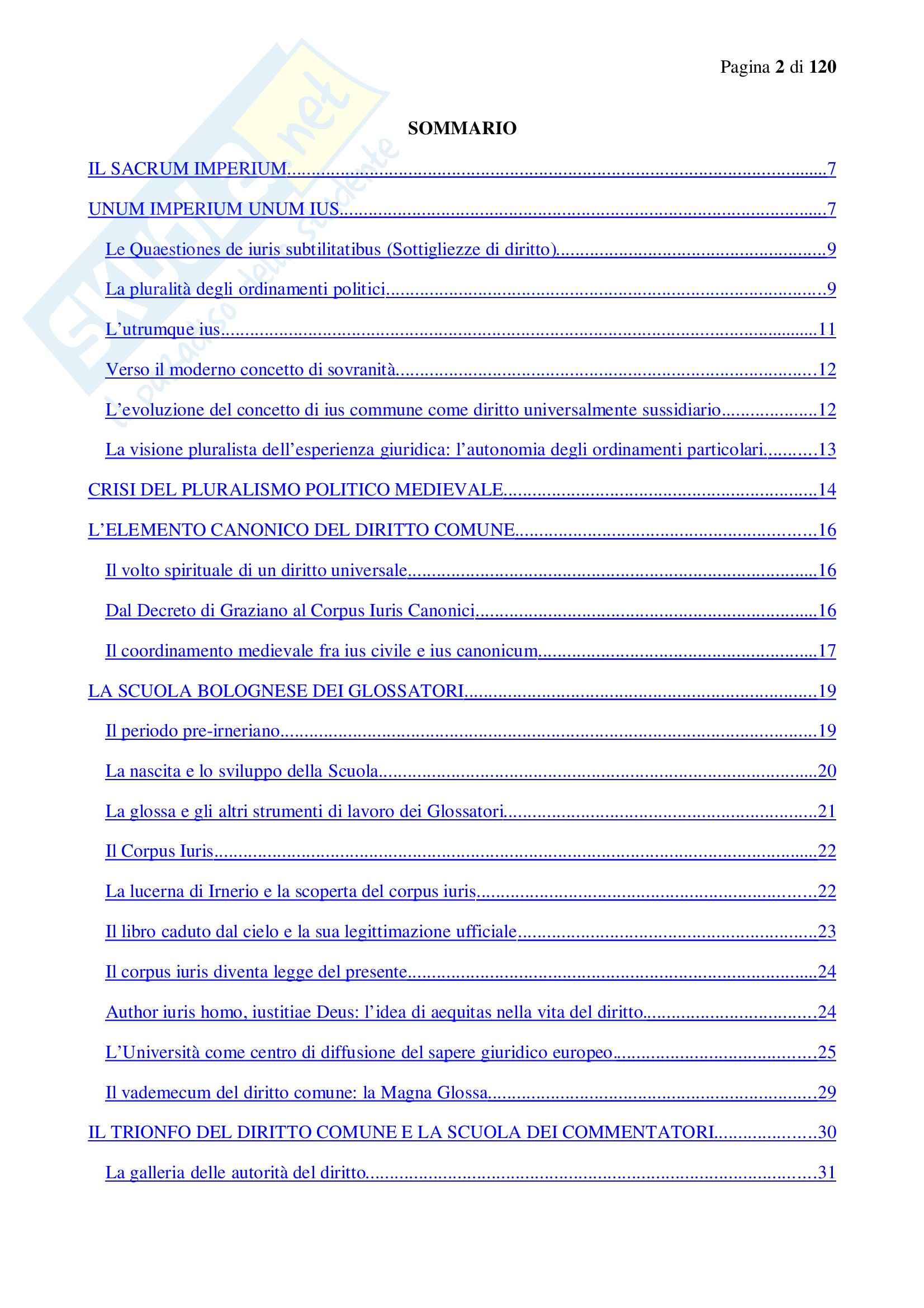 Riassunto esame Diritto Comune, prof. Speciale, libro consigliato Storia del Diritto Moderno in Europa, Cavanna Pag. 1