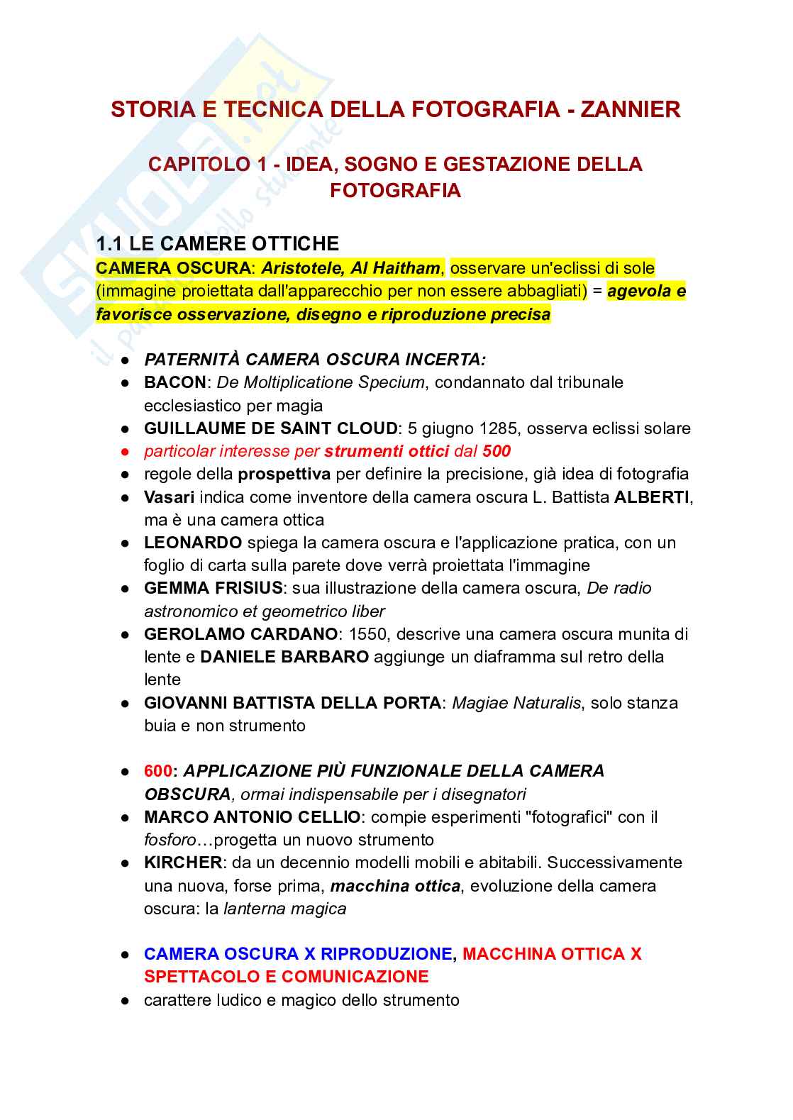 Riassunto esame Storia della fotografia 1, Prof. Rossetti Carla, libro consigliato Storia e tecnica della fotografia, Zannier Pag. 1