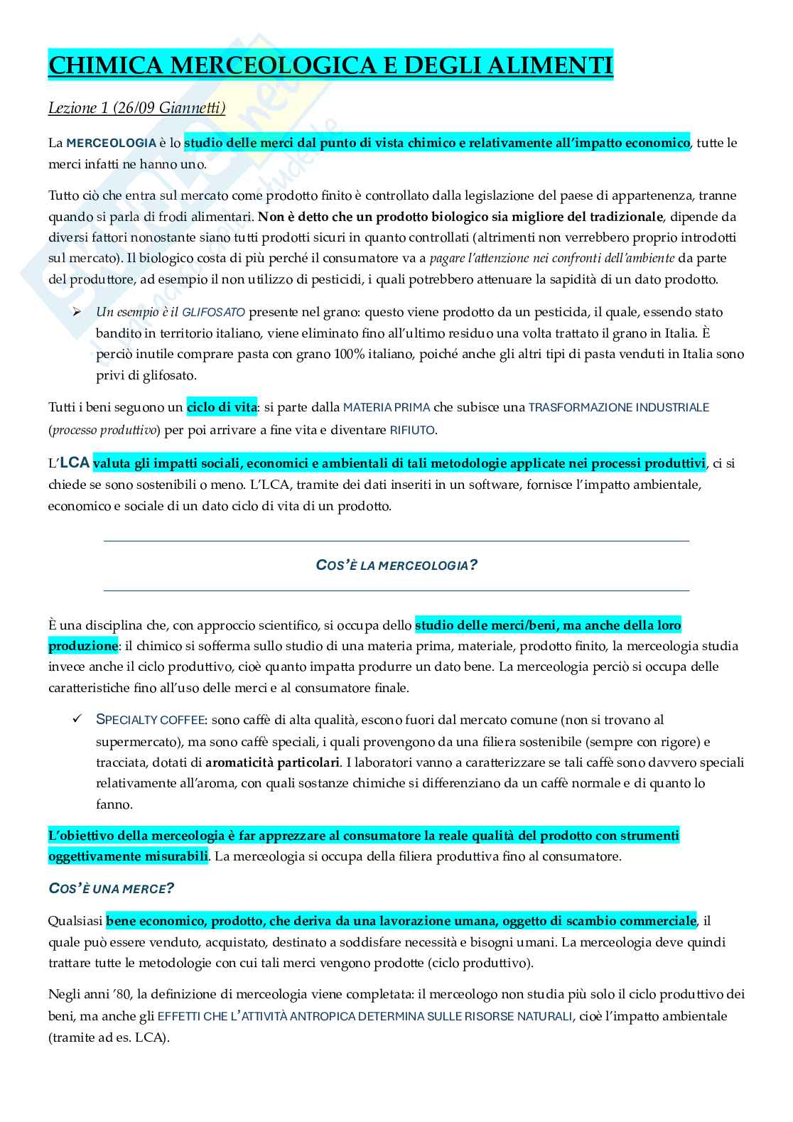 Appunti completi di Chimica merceologica e degli alimenti Pag. 1