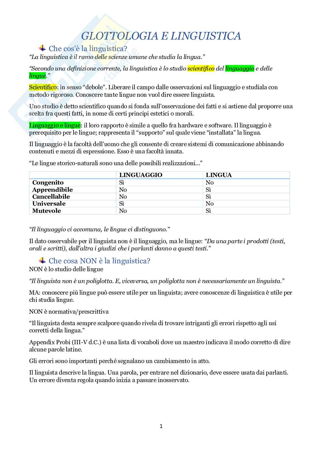 Glottologia e linguistica Pag. 1
