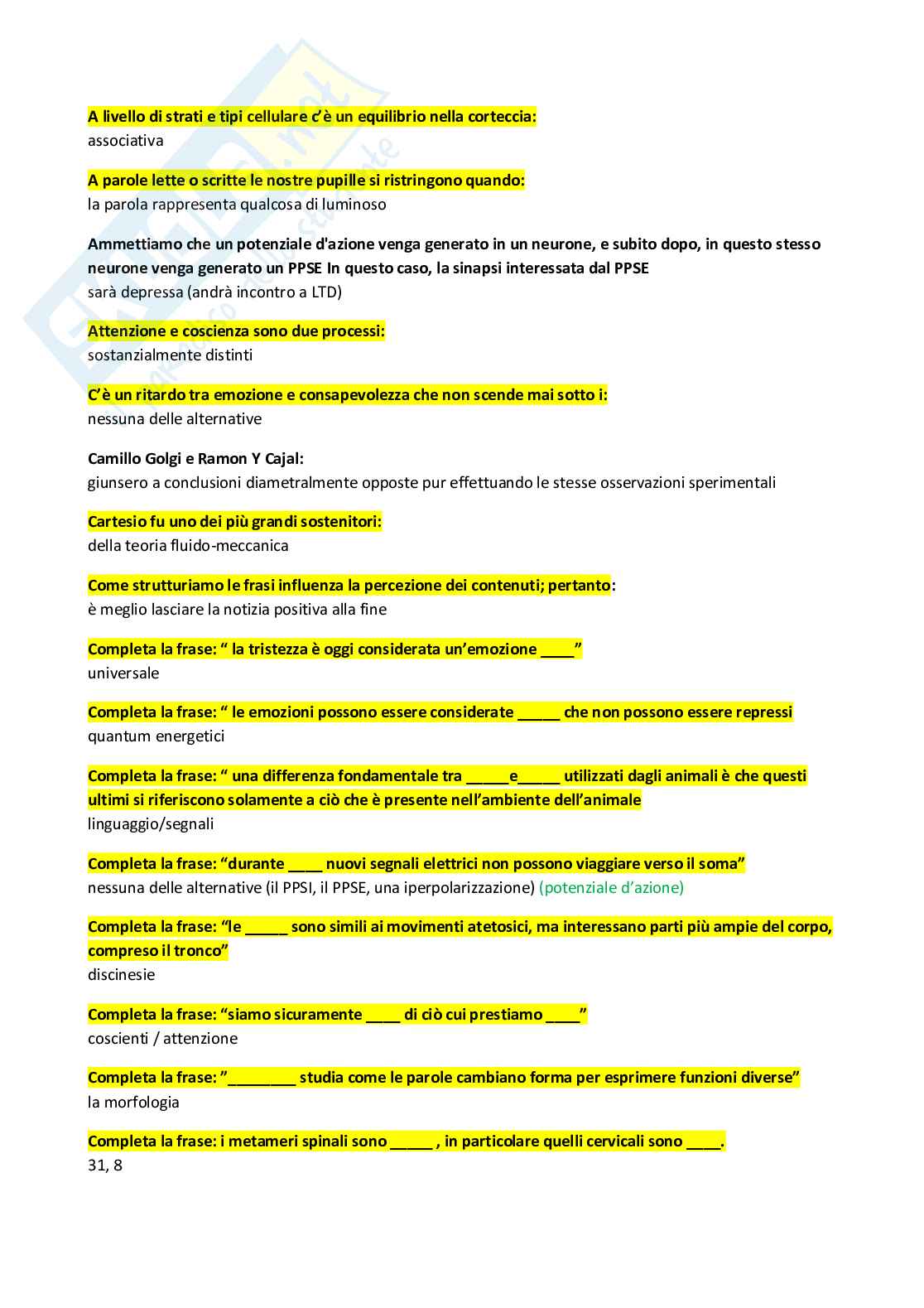 Paniere Psicologia fisiologica, delle emozioni e della comunicazione (2026) - Risposte multiple in ordine A-Z Pag. 1