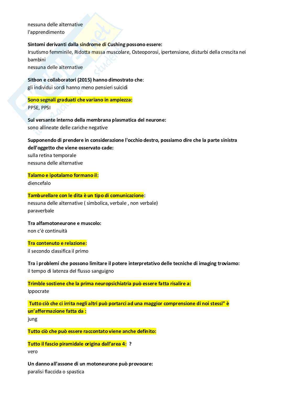 Paniere Psicologia fisiologica, delle emozioni e della comunicazione (2026) - Risposte multiple in ordine A-Z Pag. 21