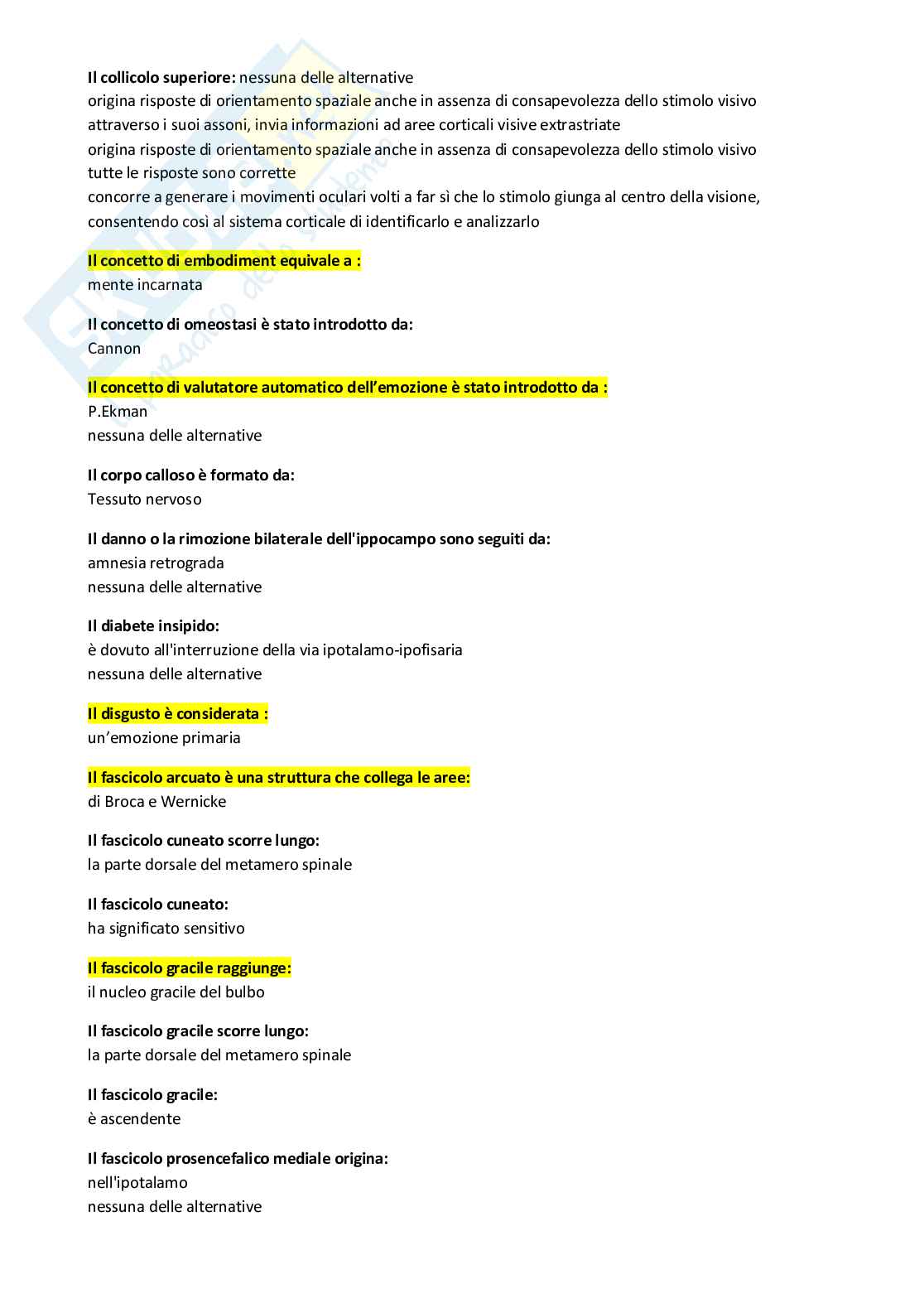 Paniere Psicologia fisiologica, delle emozioni e della comunicazione (2026) - Risposte multiple in ordine A-Z Pag. 6