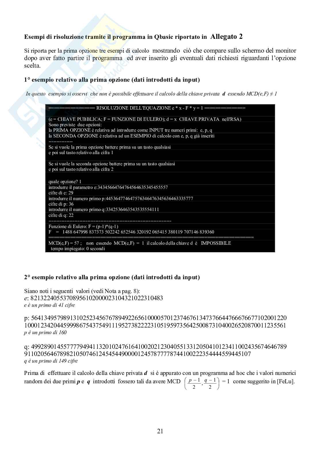 La generazione della chiave privata nell'algoritmo RSA Pag. 21