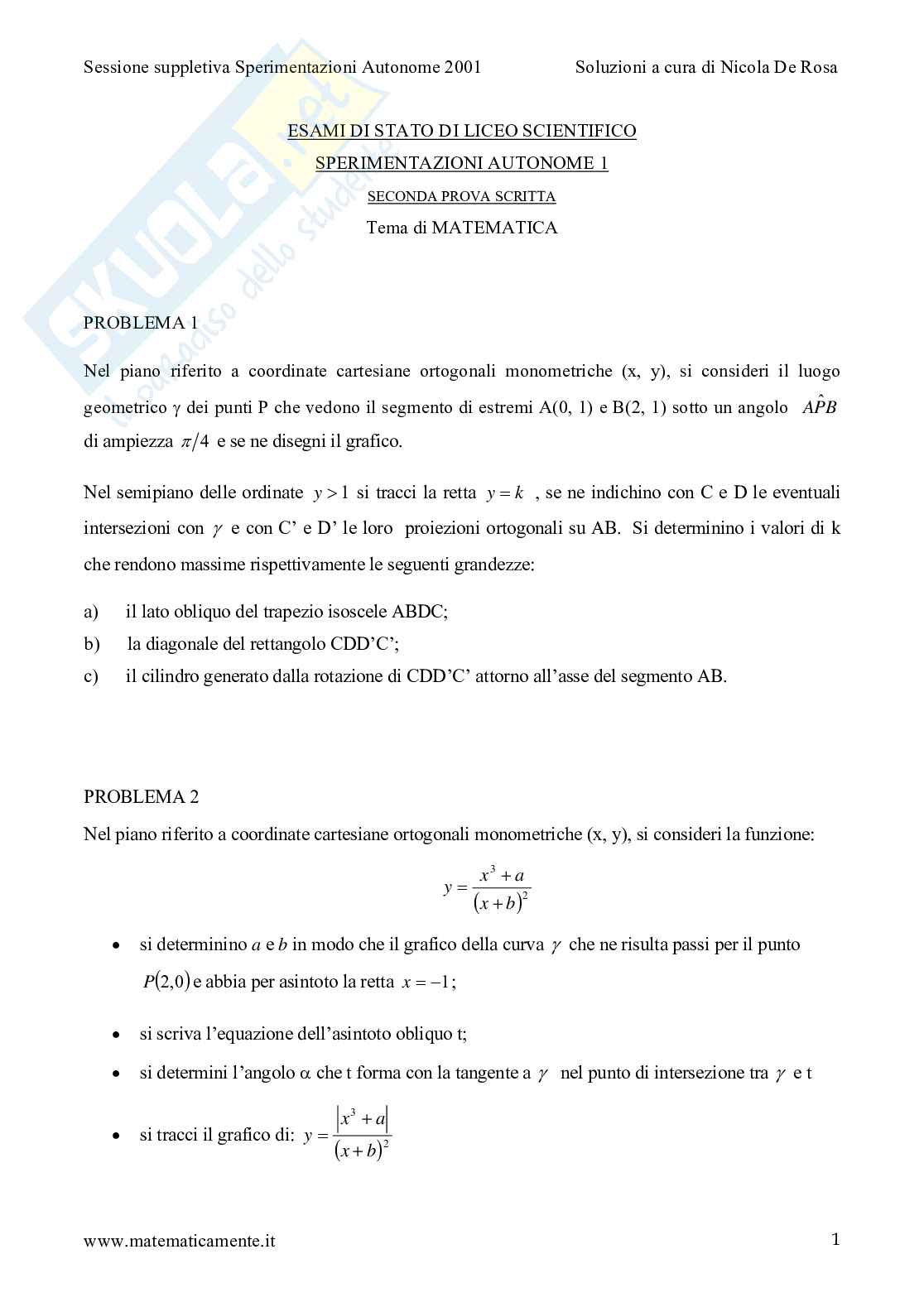 2001 - liceo scientifico -  sperimentazioni autonome - sessione suppletiva Pag. 1