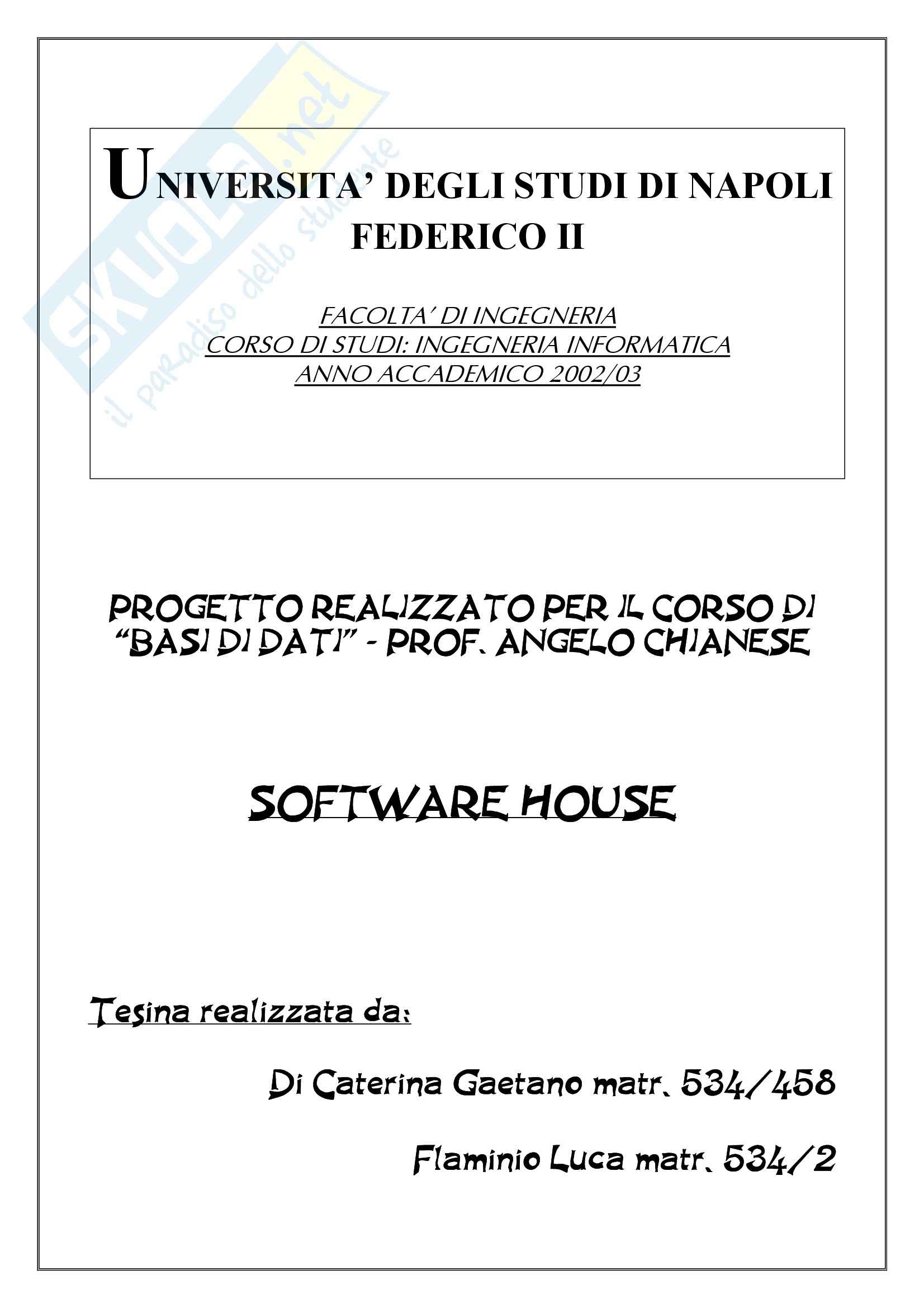 Basi di Dati, Software House - Tesina Pag. 1