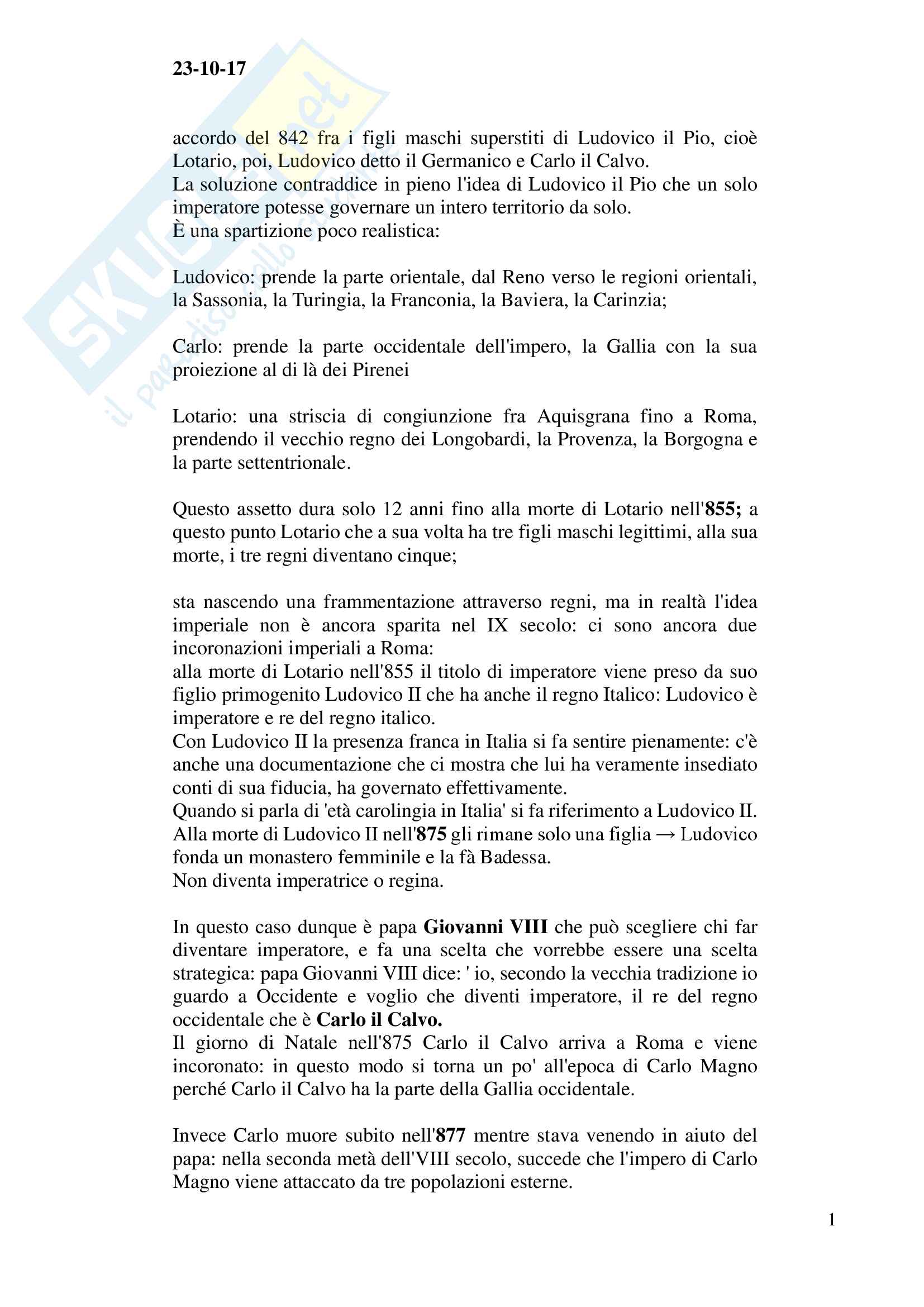 Storia Medievale Ronzani II parte del corso dal 23-10-17 al 21-11-17 Pag. 1