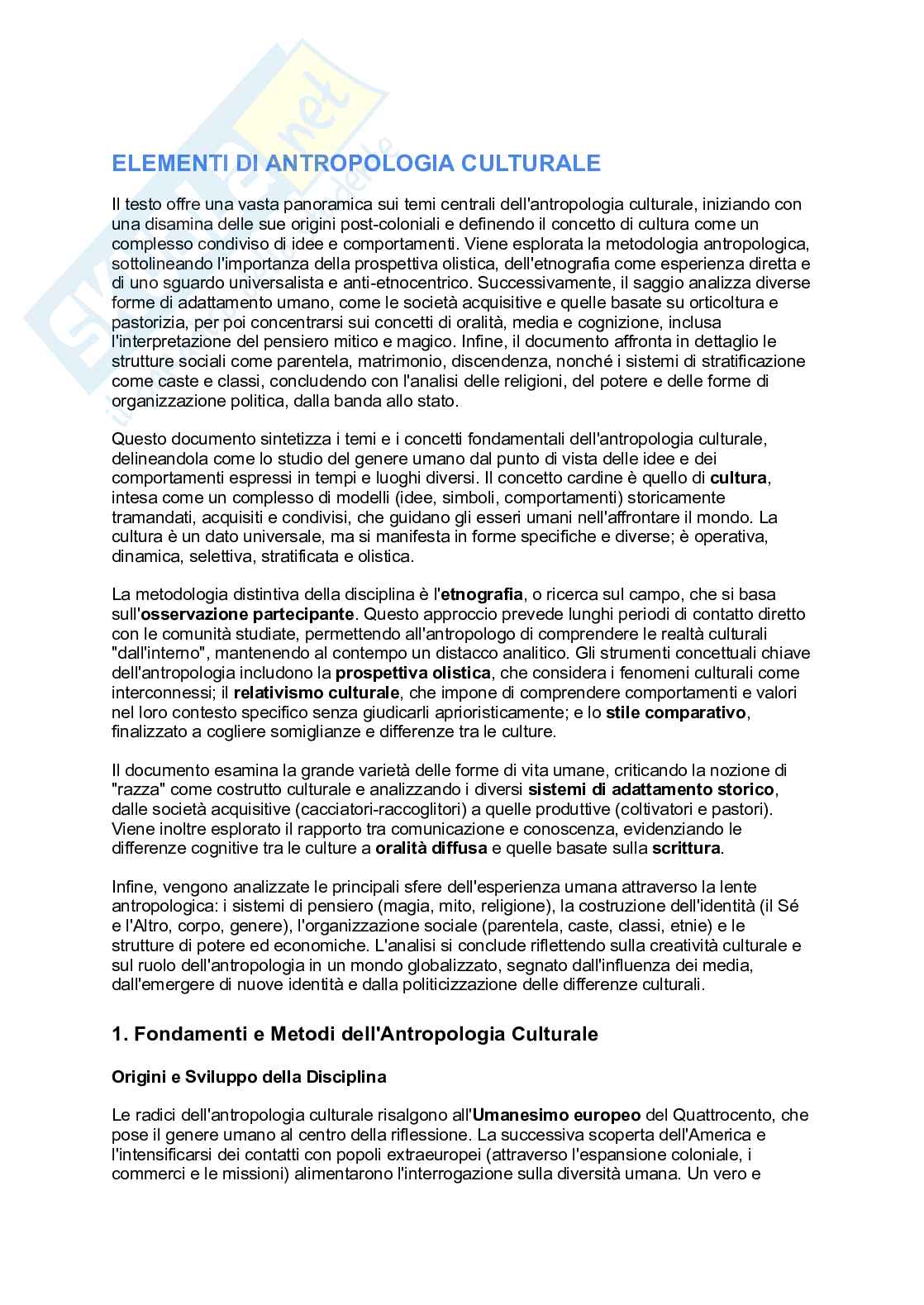 Riassunto esame Antropologia culturale , Prof. Brivio Alessandra, libro consigliato Elementi di antropologia culturale, Fabietti Pag. 1
