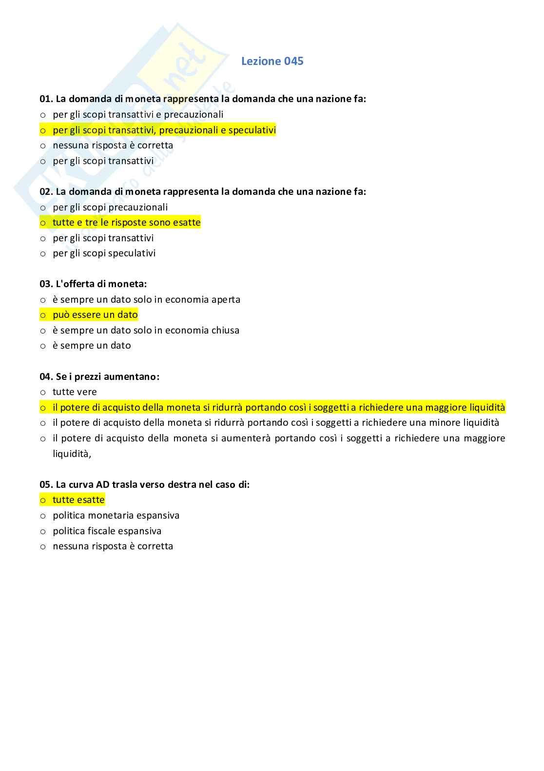 Paniere compilato con risposte chiuse di economia politica Pag. 56